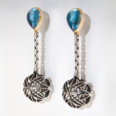 Valerie Jo Coulson, Electric Blue Topaz cabochon cut, Gold and Silver Earrings