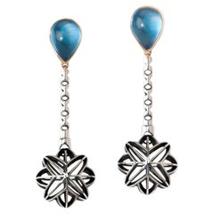 Valerie Jo Coulson, Electric Blue Topaz cabochon cut, Gold and Silver Earrings