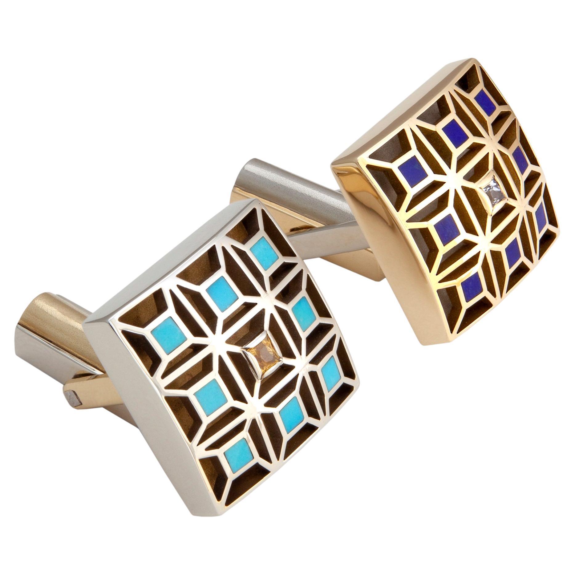 Valerie Jo Coulson, Gold Cufflinks with Lapis Lazuli, Turquoise, Sapphires For Sale