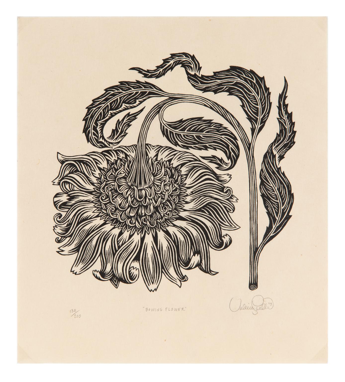 Valerie Lueth  Abstract Print - "Bowing Flower" - Sunflower Black and White Woodcut Print