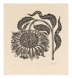 "Bowing Flower" - Sunflower Black and White Woodcut Print