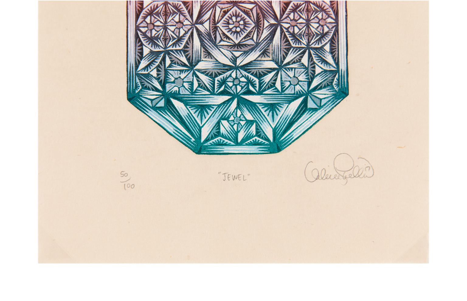 « Bijoux » - Petite gravure sur bois en couleur représentant un bijou à facettes - Print de Valerie Lueth 