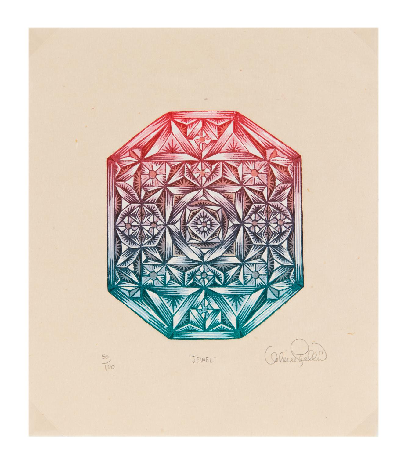 "Jewel" - Small Color Woodcut Print of Faceted Jewel