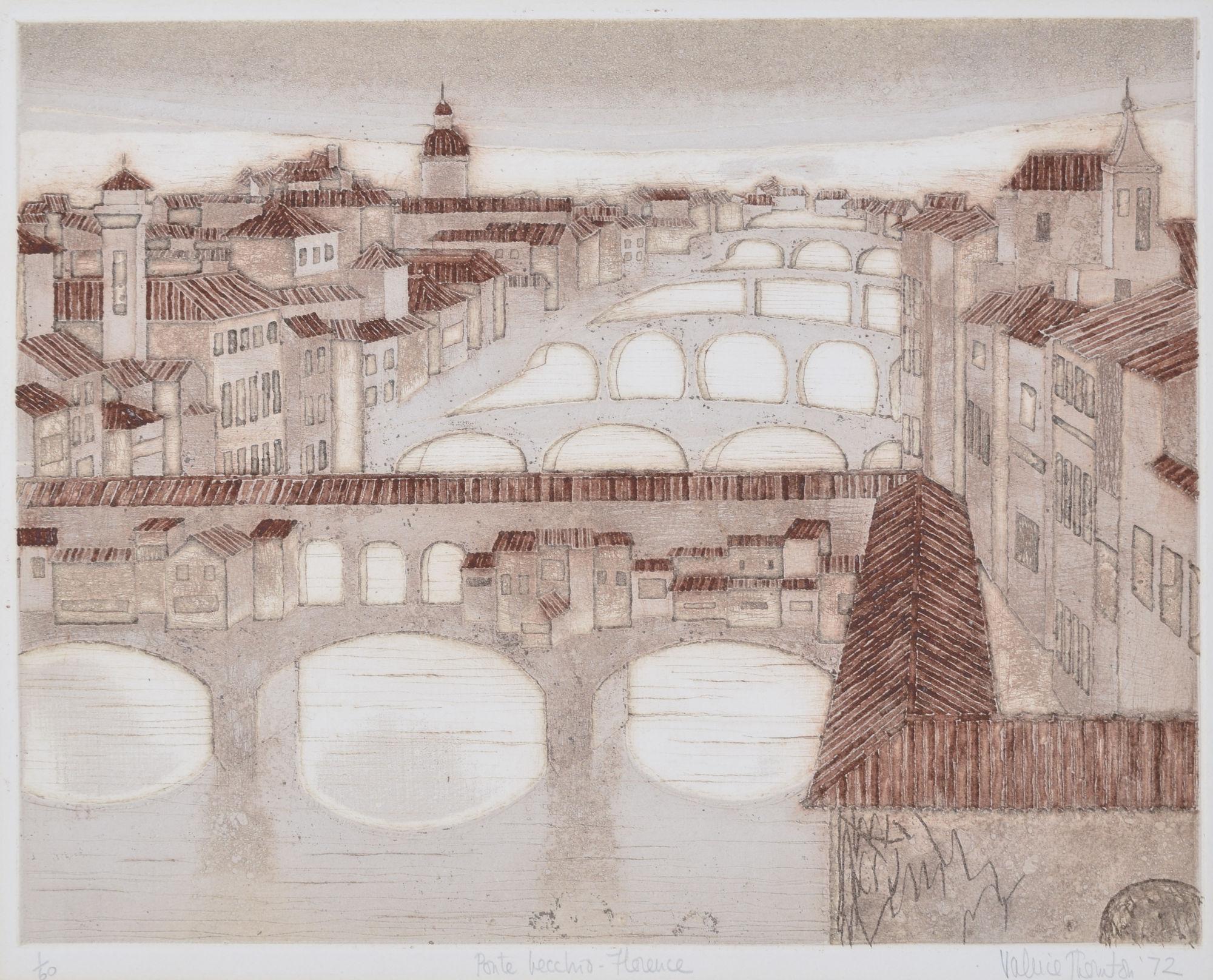 To see more, scroll down to "More from this Seller" and below it click on "See all from this Seller."

Valerie Thornton (1931 - 1991) 
Ponte Vecchio, Florence (1972)
Etching and aquatint
33 x 20 cm

Numbered 1/60 lower left, titled below, and signed