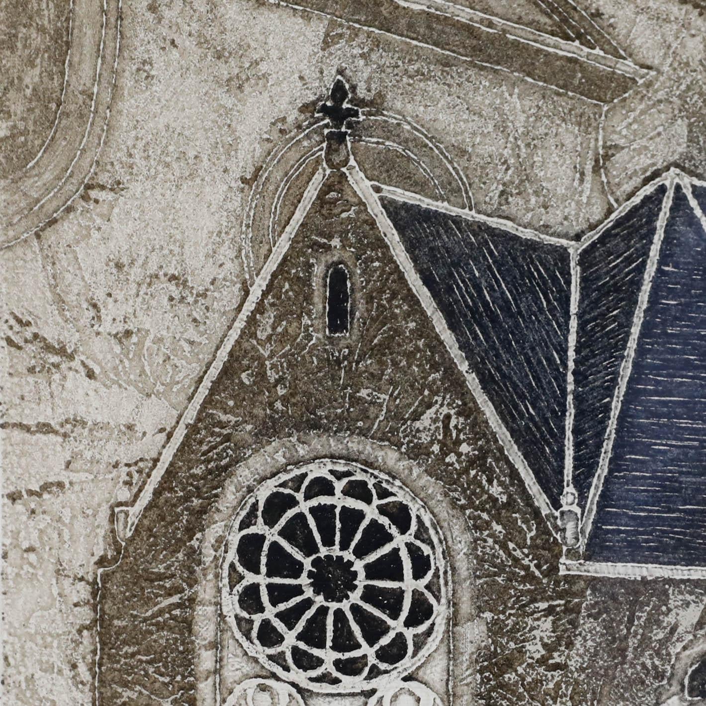 Valerie Thornton (1931-1991), aquatinte du 20e siècle encadrée, étude d'une église 3