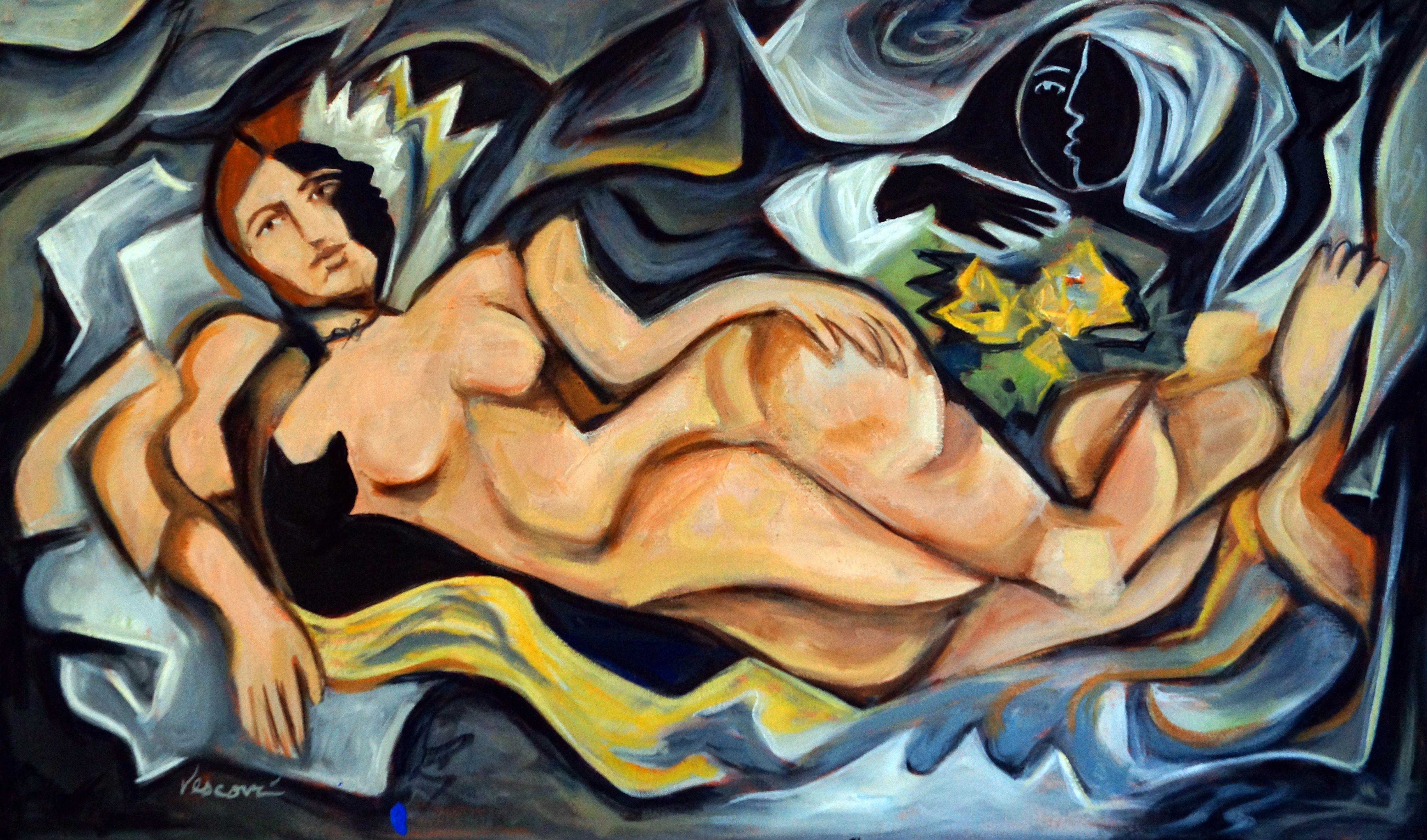 Olympia di Ã‰douard, Pittura, Olio su tela - Painting di Valerie Vescovi