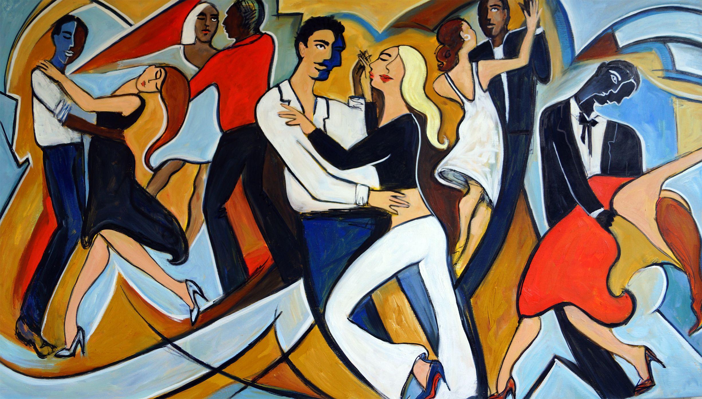 From my large rhythmic cubism series. Since I don
t have a lot of storage space and I have a desire to create large paintings, I just hang a big piece of canvas on the wall and then roll it up for storage. I love to paint all sizes but the large