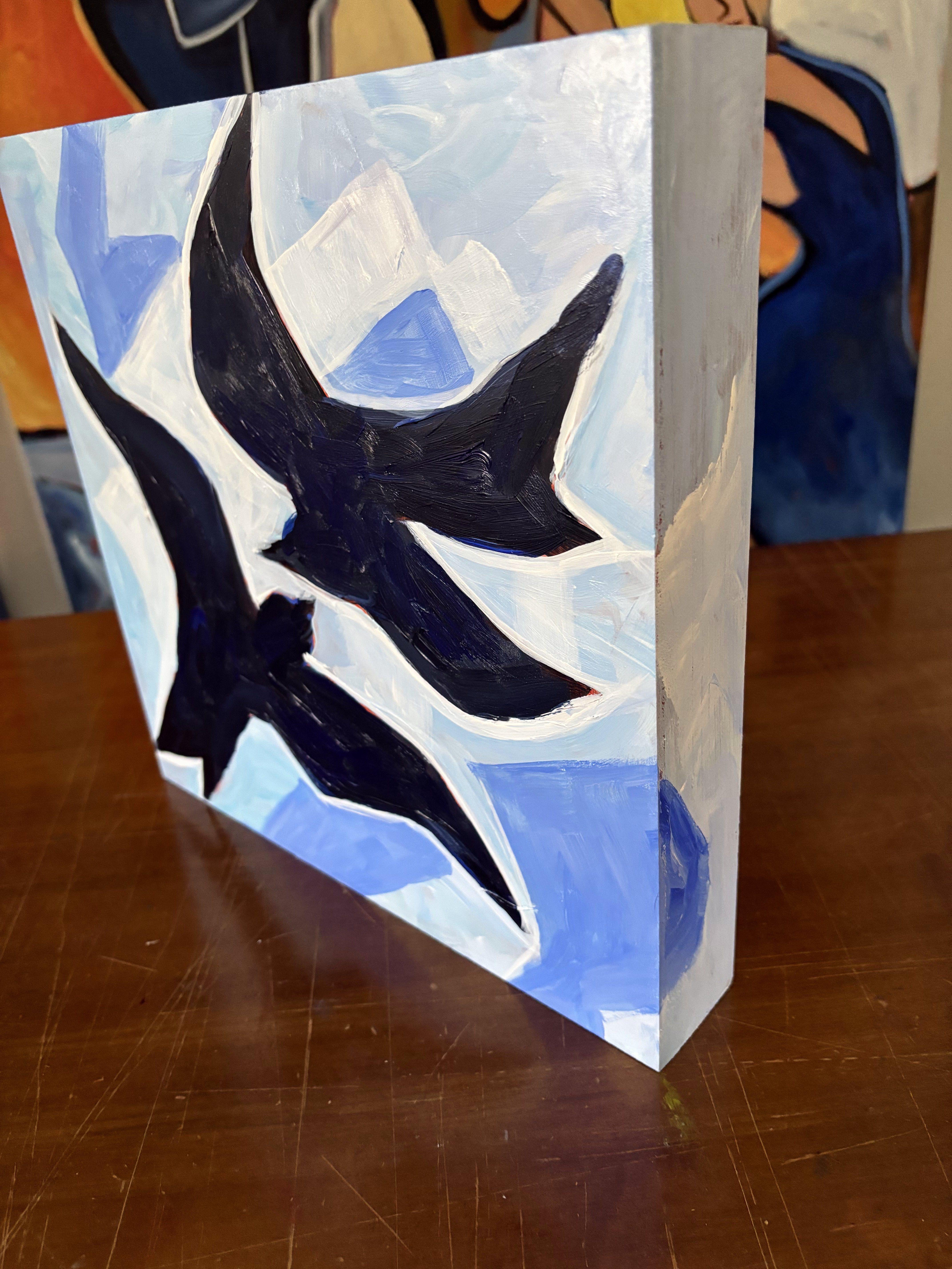 Dans cette création à l'acrylique, j'explore le jeu dynamique de la forme et de la liberté à travers des influences cubistes et une expression figurative. Les formes noires audacieuses et fluides sur fond d'azur turbulent capturent l'essence du
