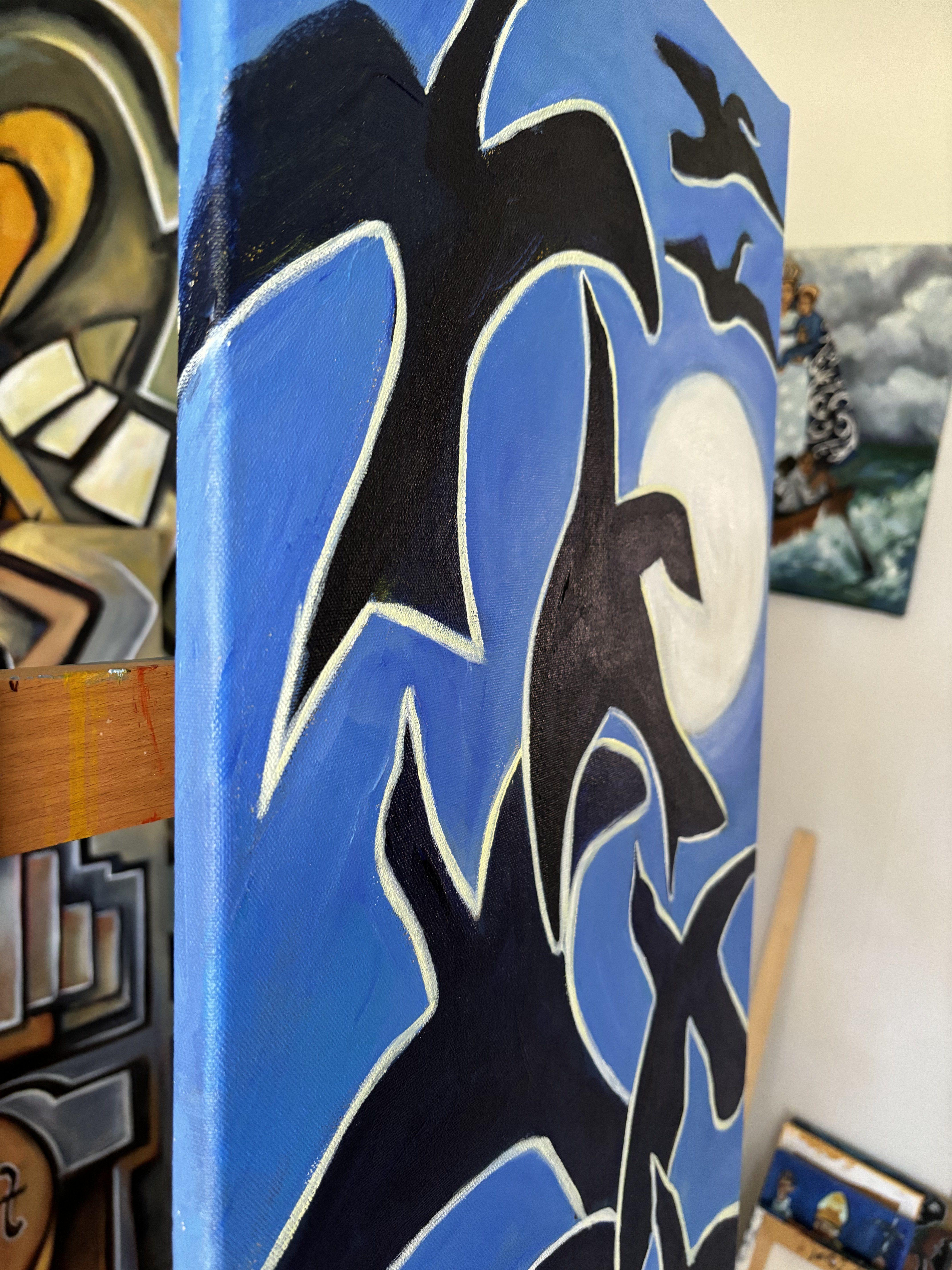 Corbeaux  au Clare de Lune, Painting, Acrylic on Canvas For Sale 3