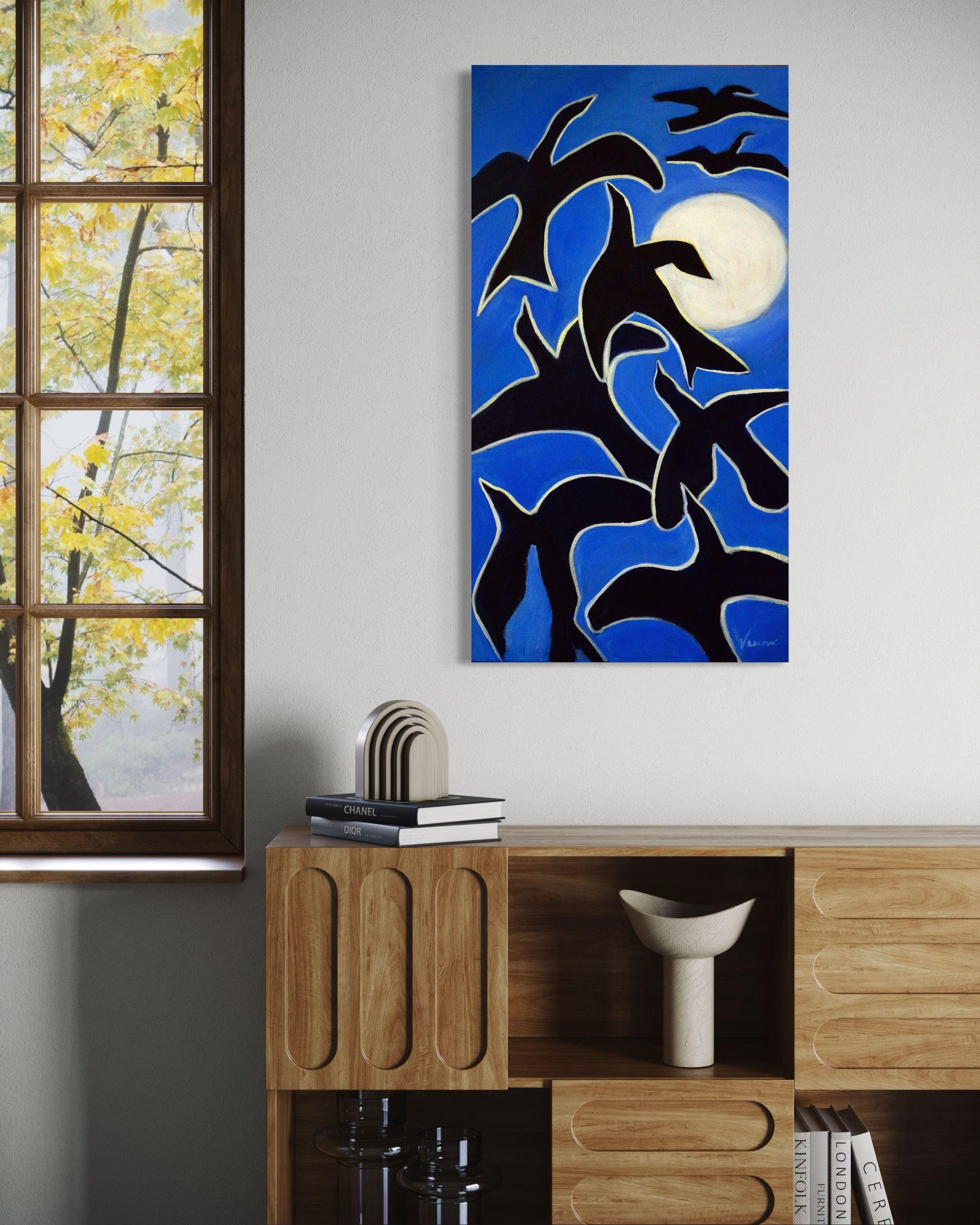 Corbeaux  au Clare de Lune, Painting, Acrylic on Canvas For Sale 4