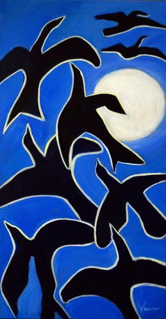 Corbeaux  au Clare de Lune, Painting, Acrylic on Canvas