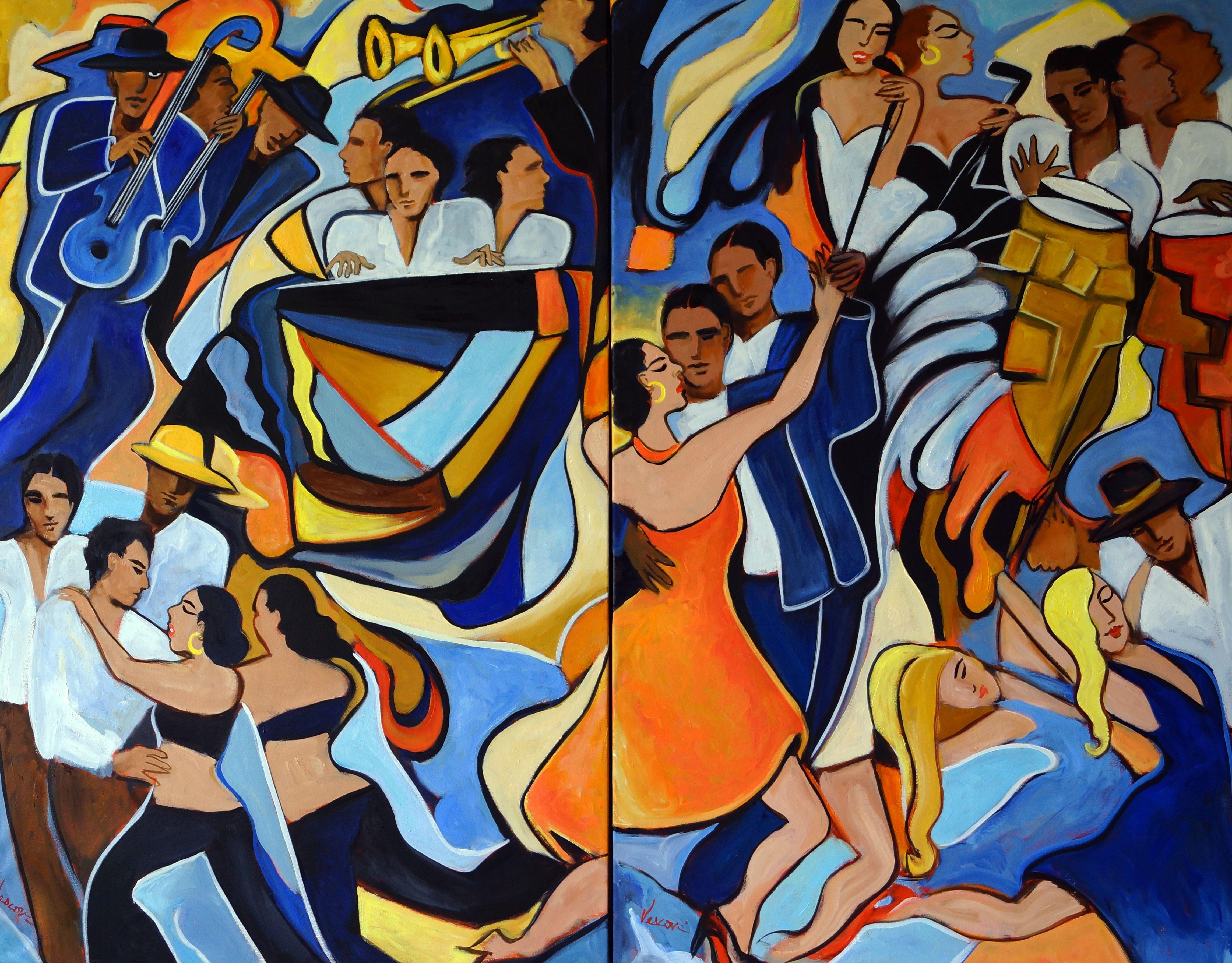 From my dancer/music series of paintings, this one is large and is in 2 parts. My Salsa dancers and musicians having another party, they will dance until the wee hours of the morning. Kind of a flash back of my disco nights, this is kind of how it