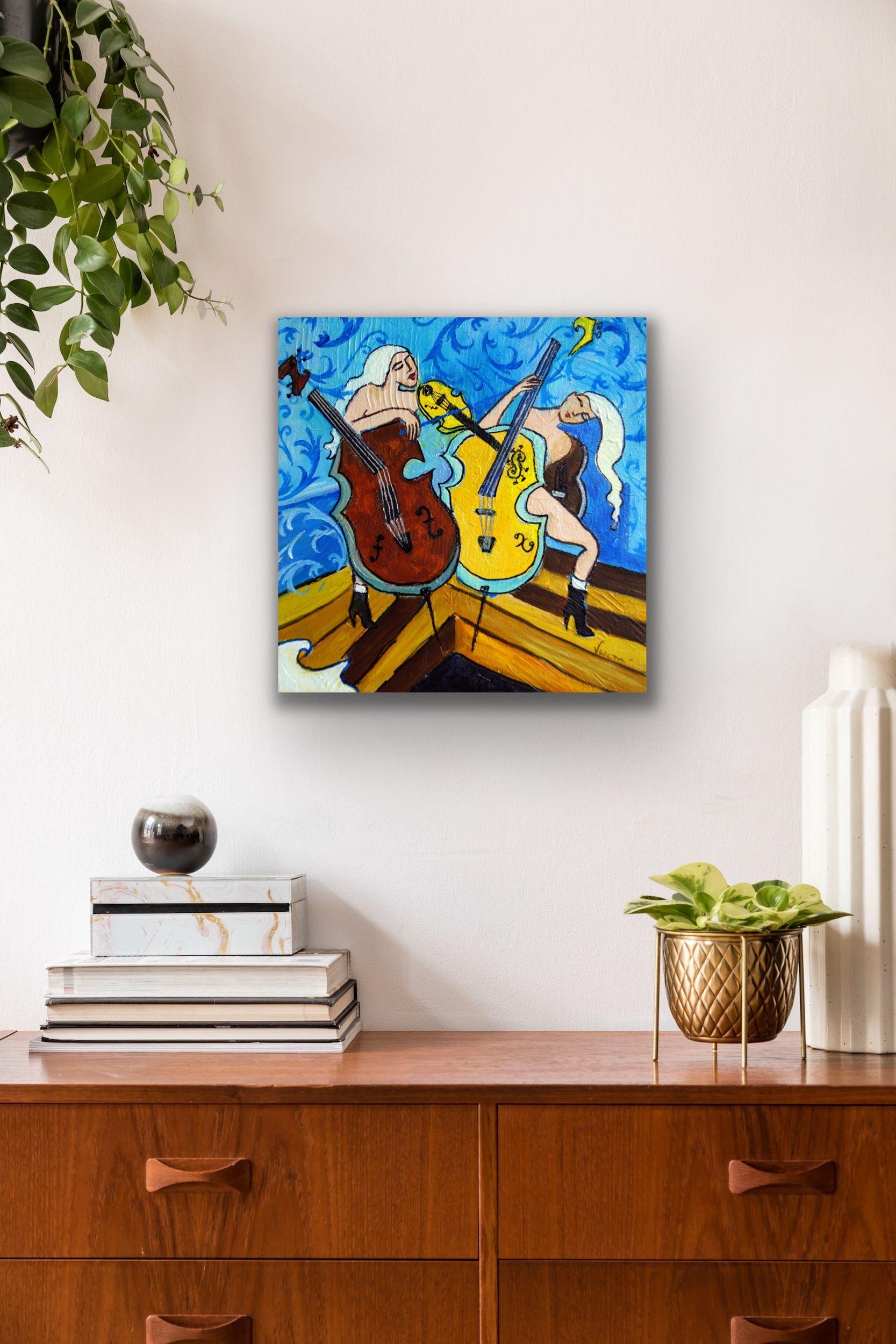 My cellists dueling it out deconstructing into their music and instruments. The wear only boots and the warm colors of their cellos look delicious with that cool blue background that has stenciled patterns. 12x12x1.25 inches oil on textured canvas,