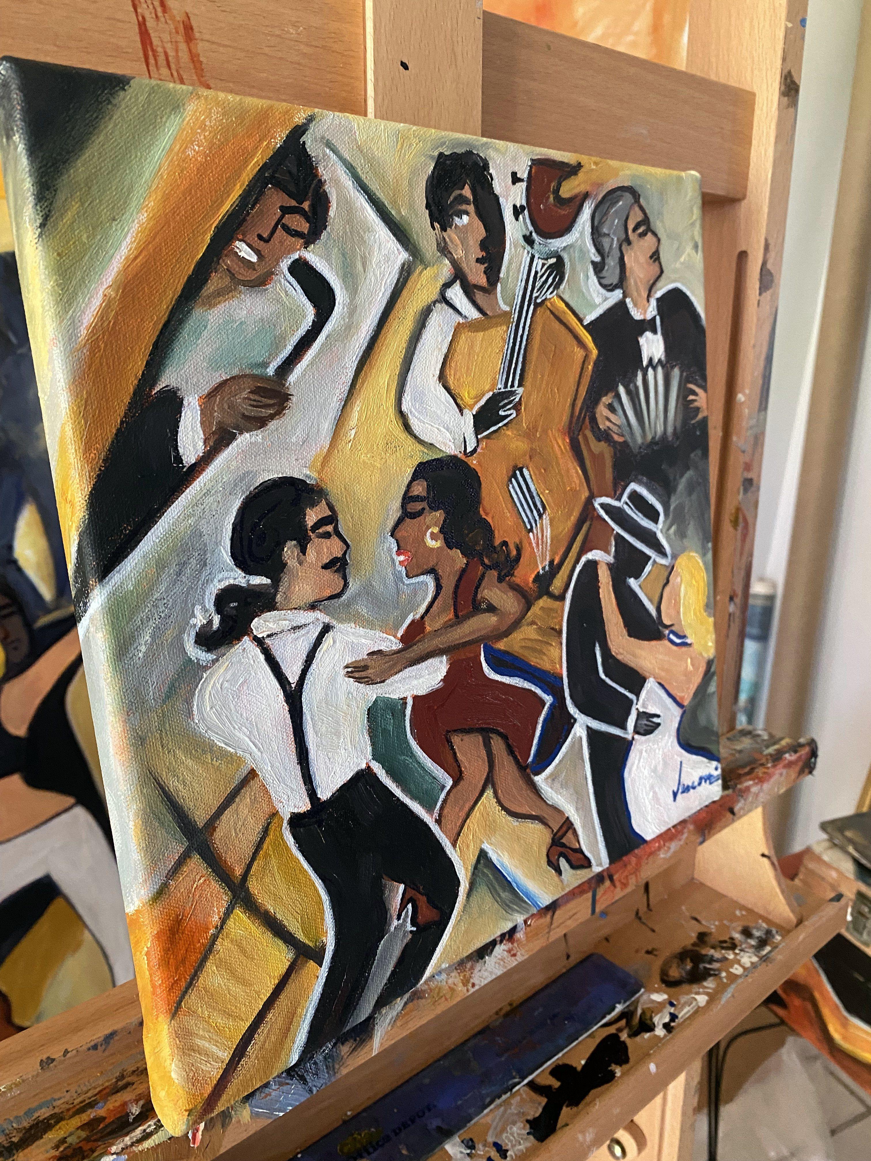 Aus meiner laufenden Serie von Tänzern und Musikern in meinem charakteristischen rhythmischen kubistischen Stil. Dieser wurde in Eisenoxid-Rot mit Chromoxid-Komplimenten hergestellt. Das sind meine Tango-Leute, die bis in die frühen Morgenstunden
