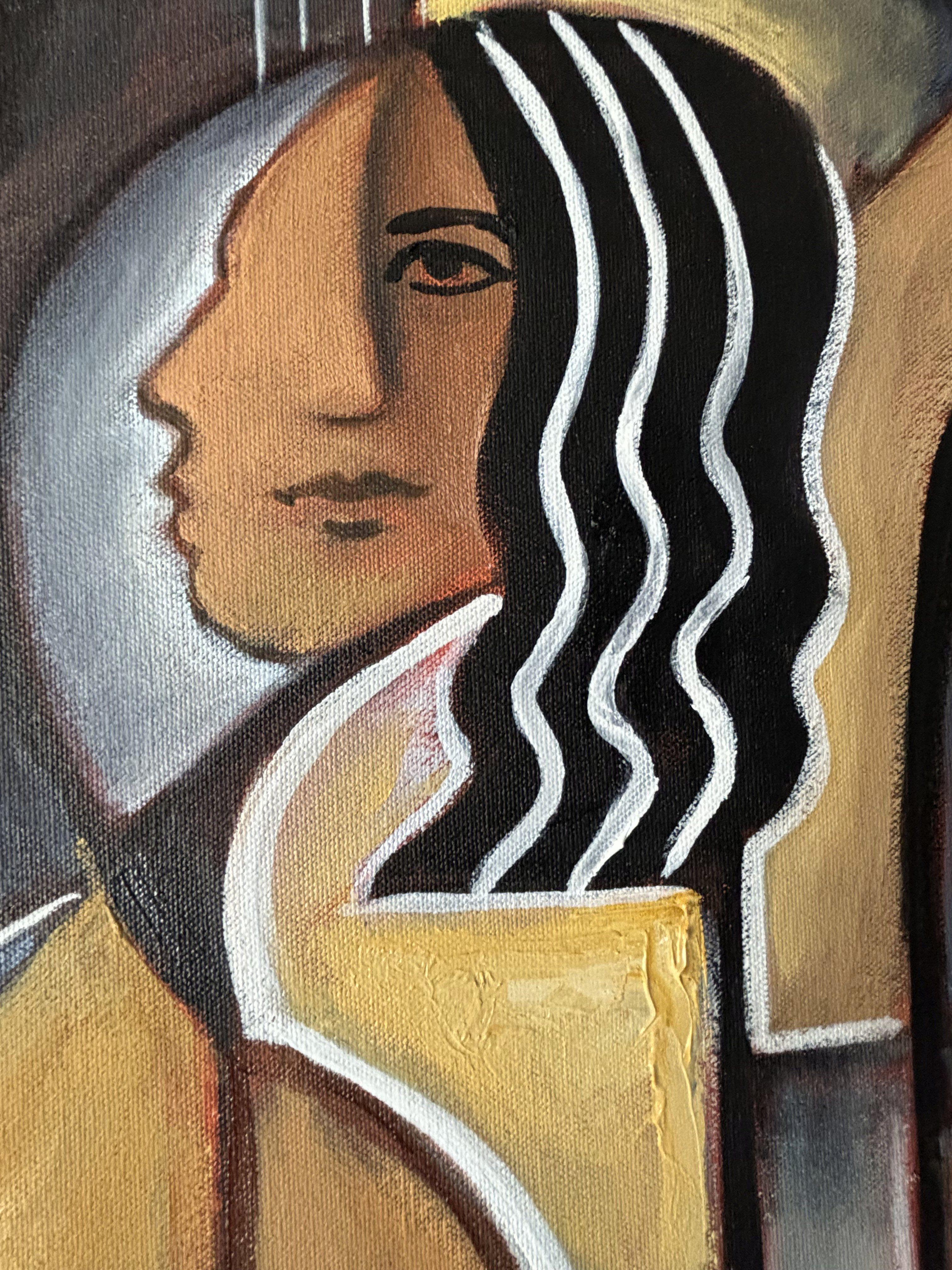 In questo dipinto, la mia intenzione era quella di fondere la vivacità del cubismo con la profondità dell'arte figurativa, creando una narrazione che parlasse sia alle emozioni che all'intelletto. Attraverso l'uso di olio e cera, ho scolpito una
