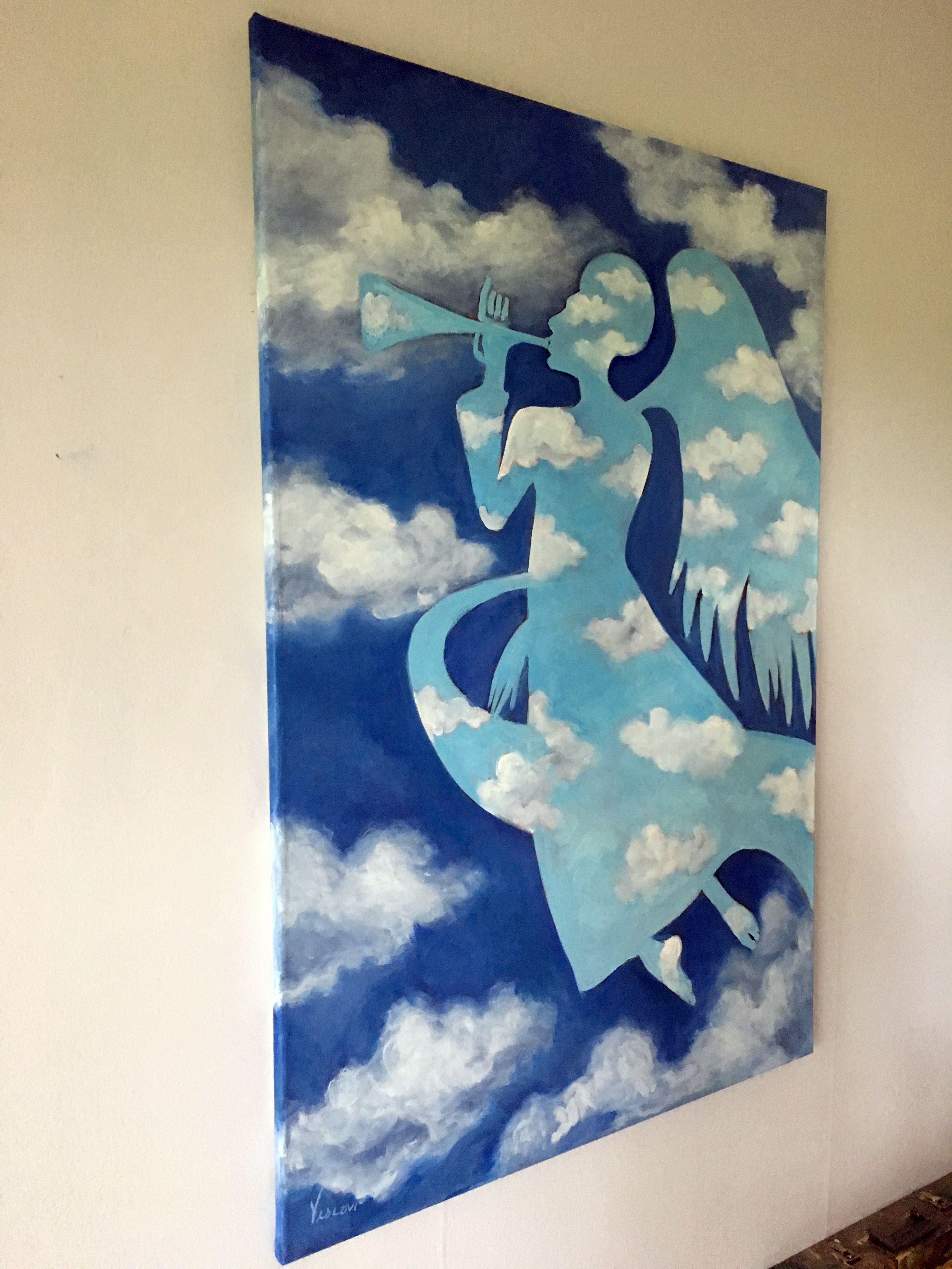 From my ongoing series of skies combined with my series of saints and angels. This is an outlined Archangel Gabriel, full of clouds and surrounded by them. Gabe playing his trumpet as he floats around the heavens. Oil on 48x33x.75 canvas, the edges