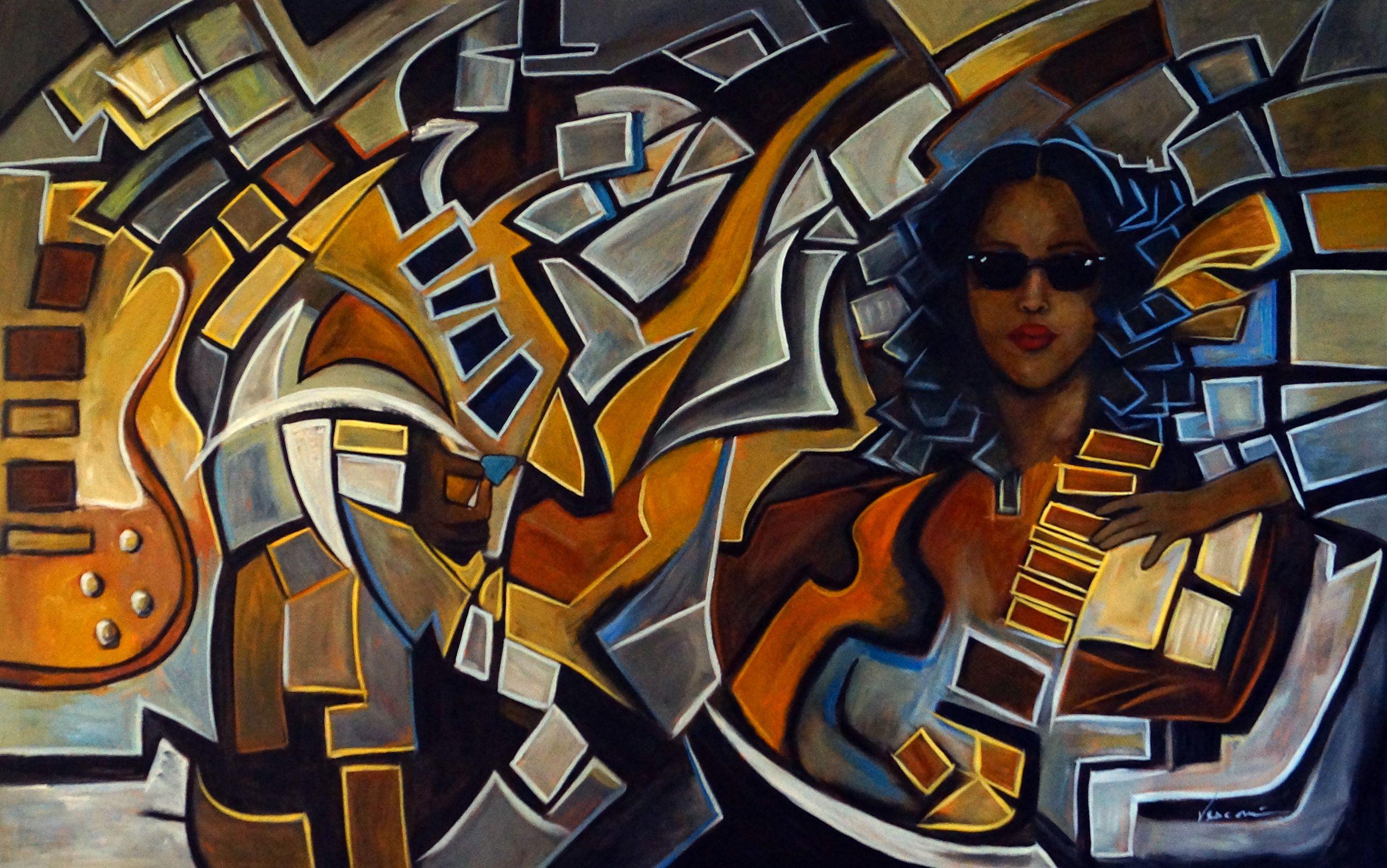 my new music piece in my ongoing series of music and or dance themed paintings. This one is my guitar zen II, I love to deconstruct a subject or concept. It's like layers of reality are being removed to create rhythm and movement. I put H.E.R. in