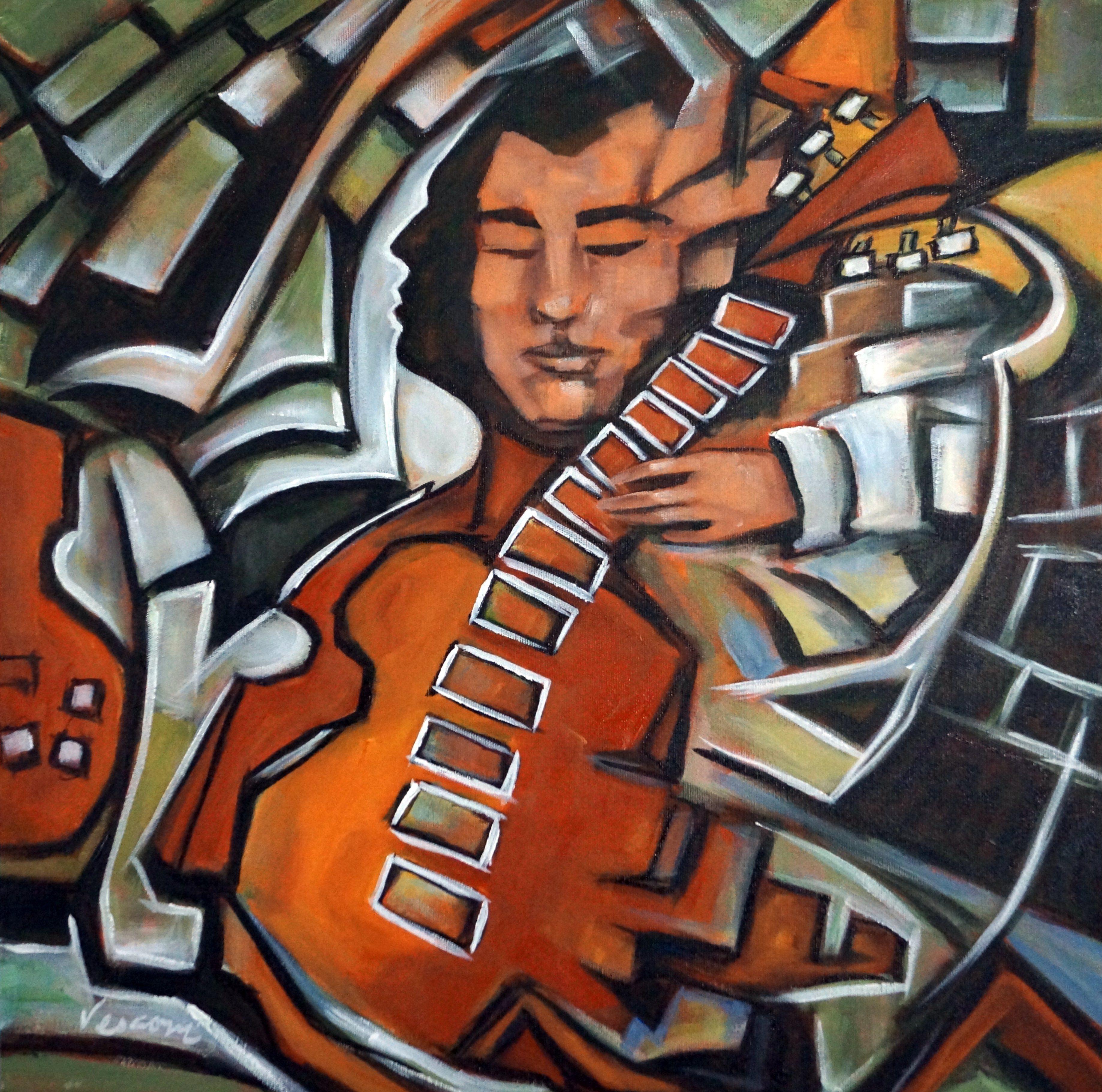 From my Rhythmic Cubist jazz musicians series. This one is a jazz/blues guitarist deconstructing into his guitar and the beat of the music. Cool green grays and warm raw and burnt siennas in a square composition, which I love. A square is always a