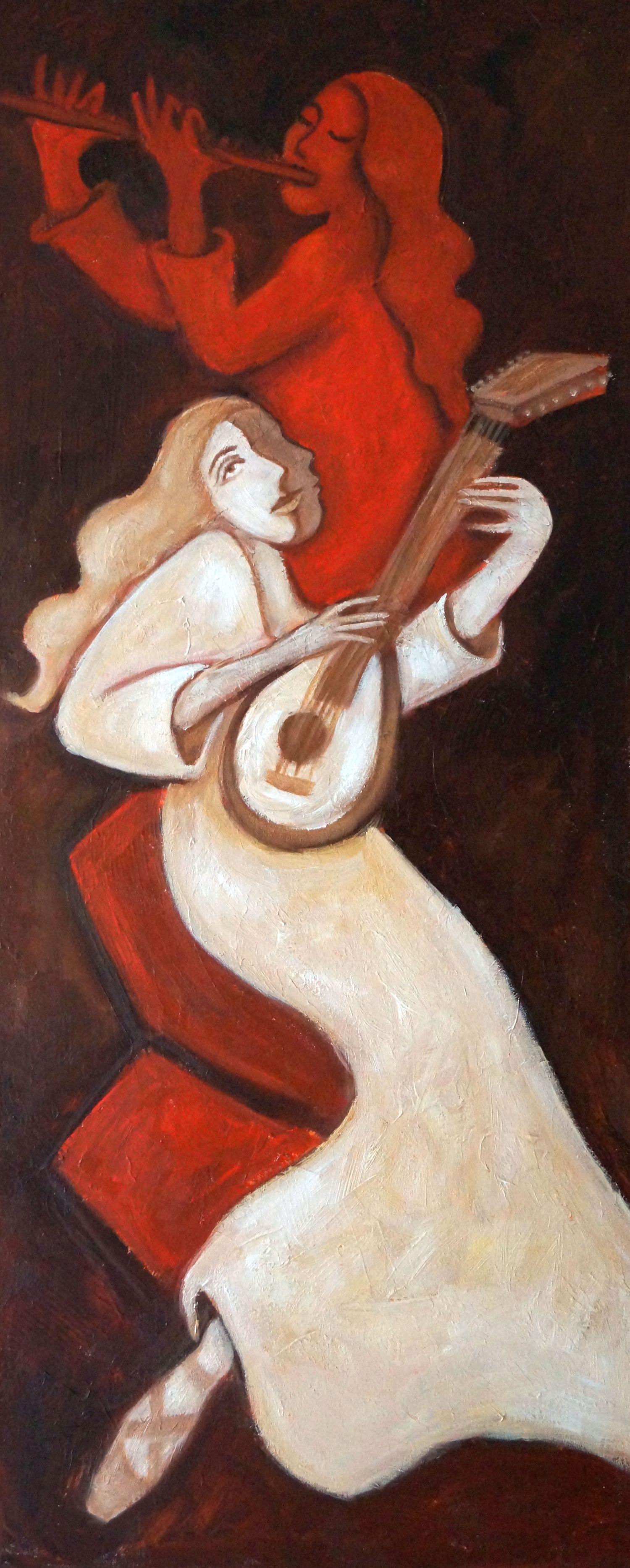 This is from my lute series which is ongoing because I love to paint them so much. I become more centered and serene while painting them. Thatâ€™s what they exude, a tranquility and peace. The lute player is the palest yellow white and the flautist
