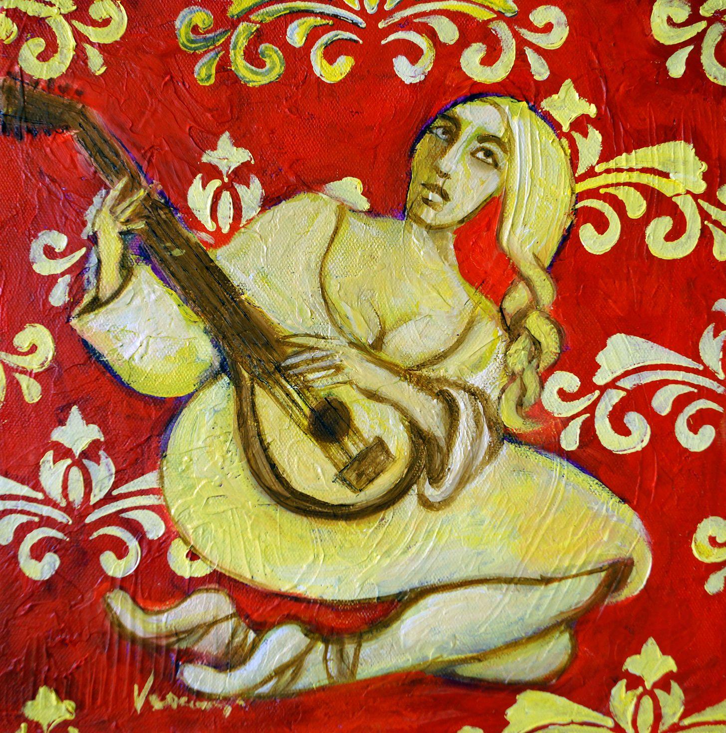Liuto con motivi, Pittura, Olio su tela - Painting di Valerie Vescovi
