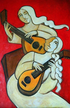 Lutes with a Red Background, Painting, Oil on Canvas