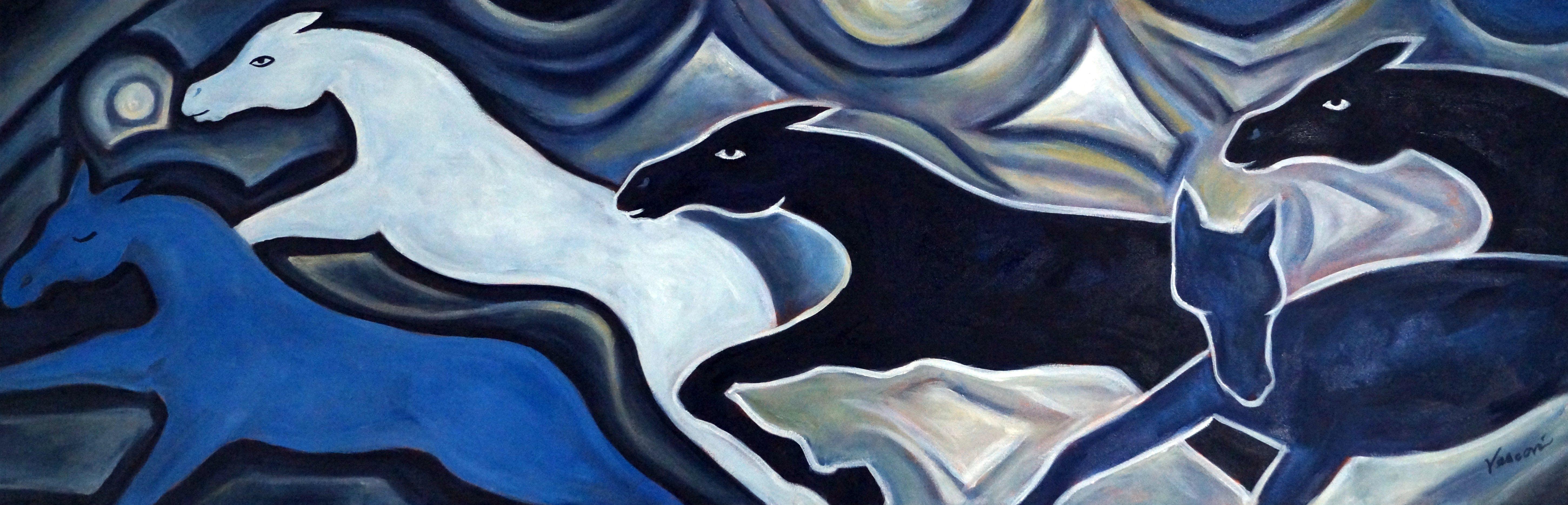 From an older series that I recently revisited to do a commissioned piece of my running horses. I enjoyed doing it so much that I created this variation. When my parents gave me an oil paint set for my 11th birthday the first thing I painted was a