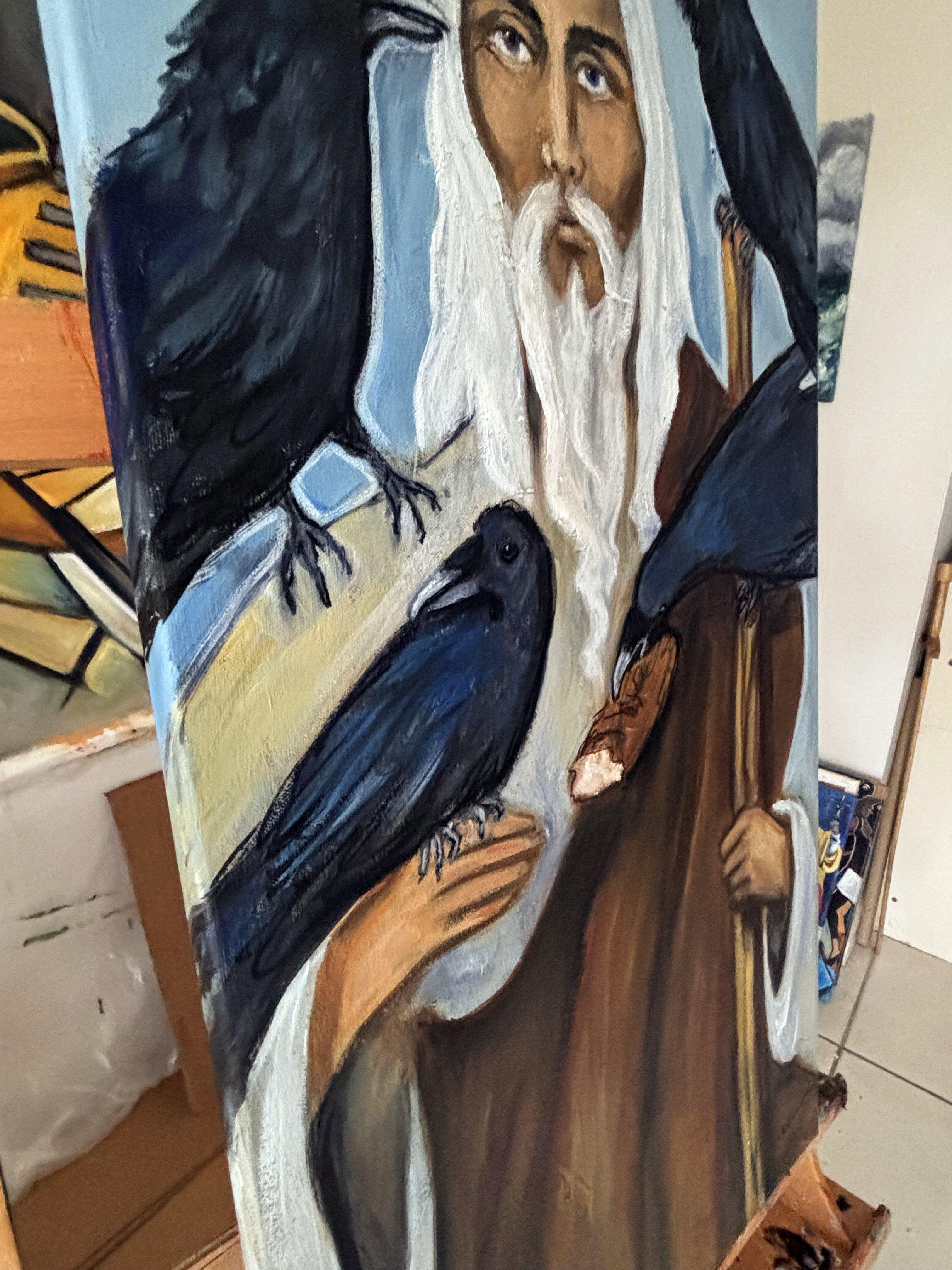 In diesem ausdrucksstarken Werk habe ich Öl und Wachs verwendet, um eine Figur mit tiefer spiritueller Resonanz darzustellen, die von symbolischen Raben umgeben ist. Das Stück strahlt zeitlose Weisheit, kryptische Mystik und feierliche Einsamkeit