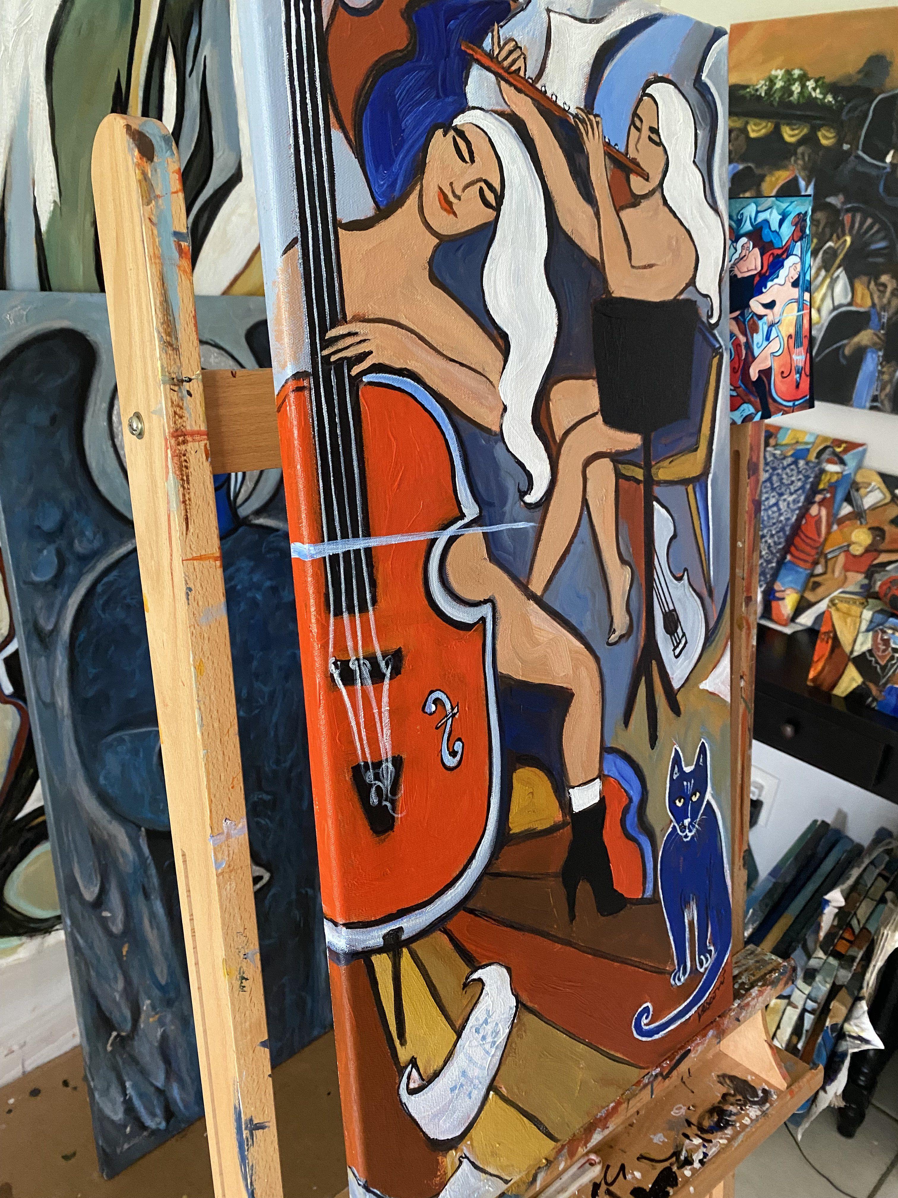 Red Cello, Barefoot Flautist, Blue Cat, Painting, Acrylic on Canvas For Sale 2