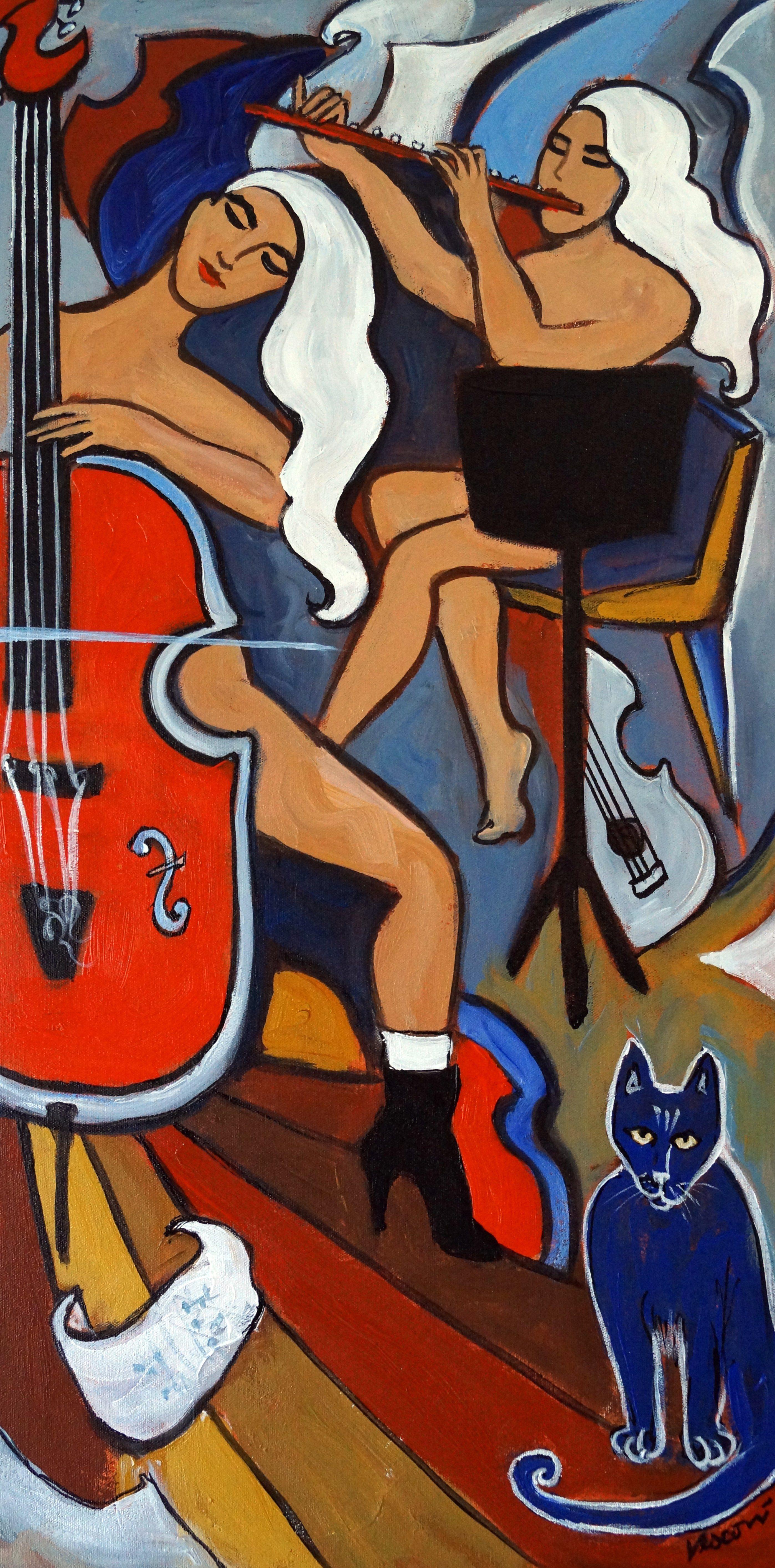 From my Cellists Series of abstracted, cubist women musicians. The actual title is in French but it was too long for the title box so on the back of the painting is the French version.  They are always serene, happy and deconstructing into their