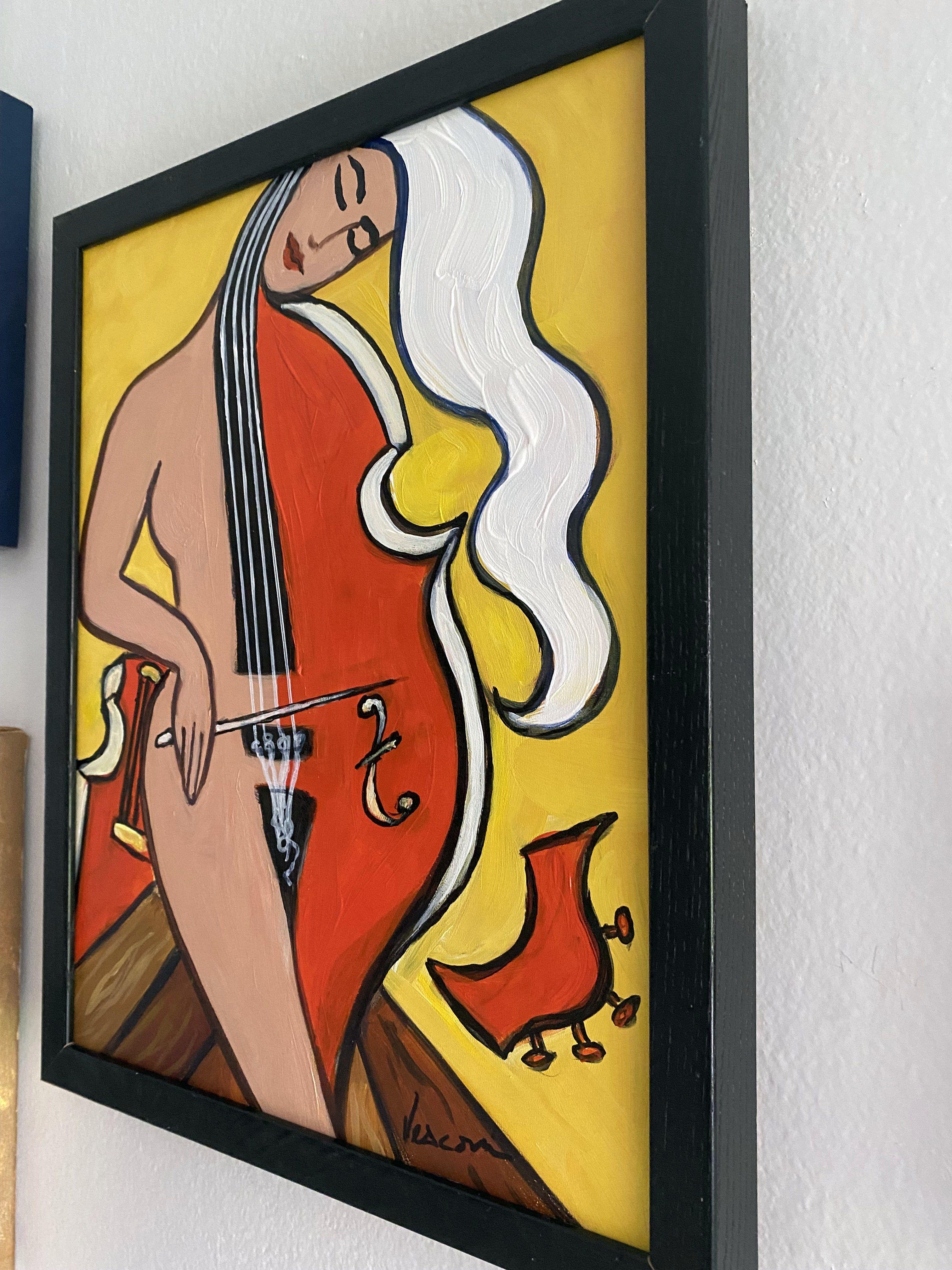 Avevo un paio di cornici e ho deciso di creare dei dipinti per esse. Questo è un violoncello/donna della mia serie di violoncellisti nata nel 2000. Non mi stanco mai di dipingerli, sono così tranquilli e hanno una serenità interiore che riesco a