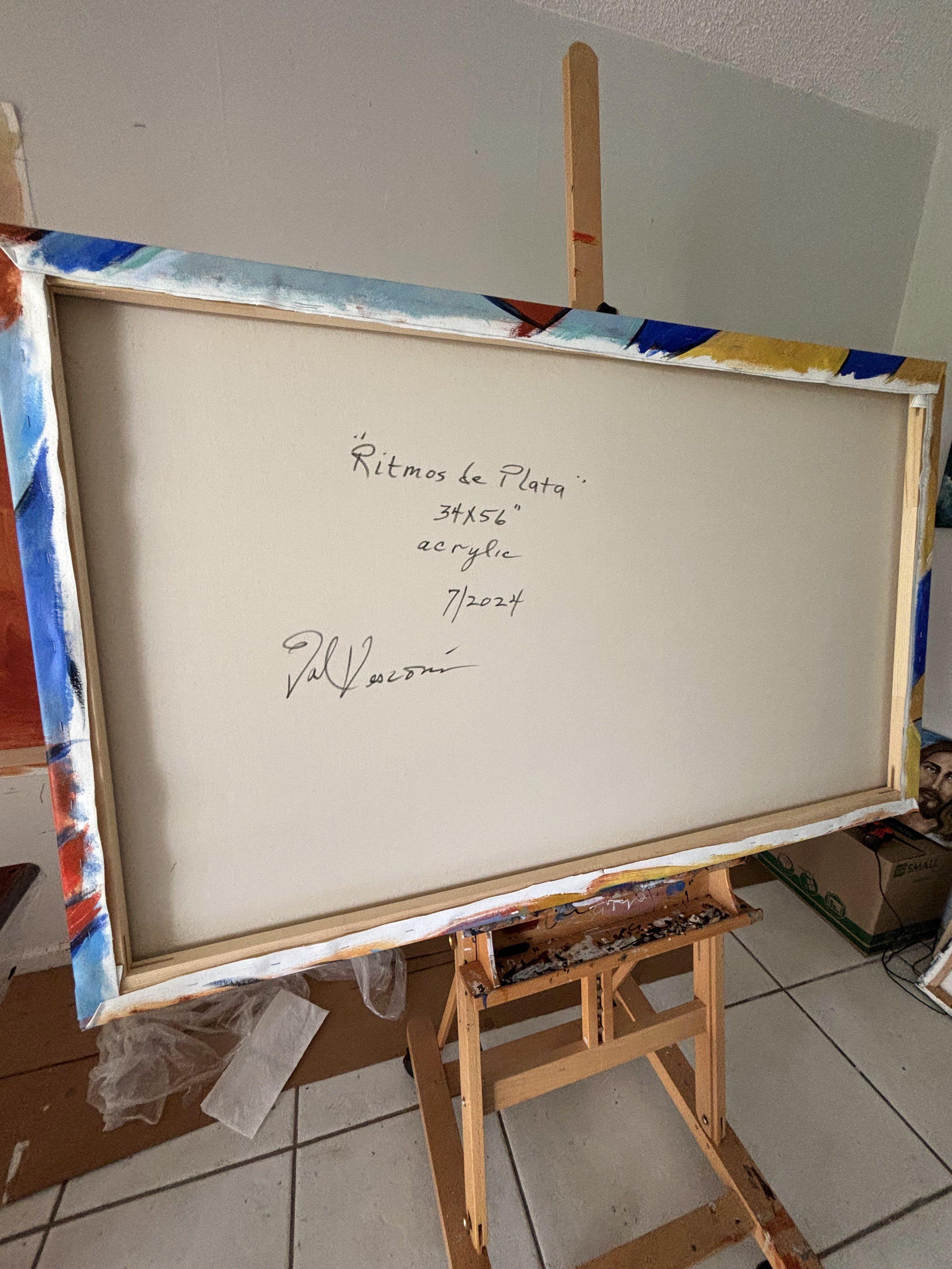 Ritmos de Plata, Pintura, Acrílico sobre lienzo - Painting Contemporáneo de Valerie Vescovi