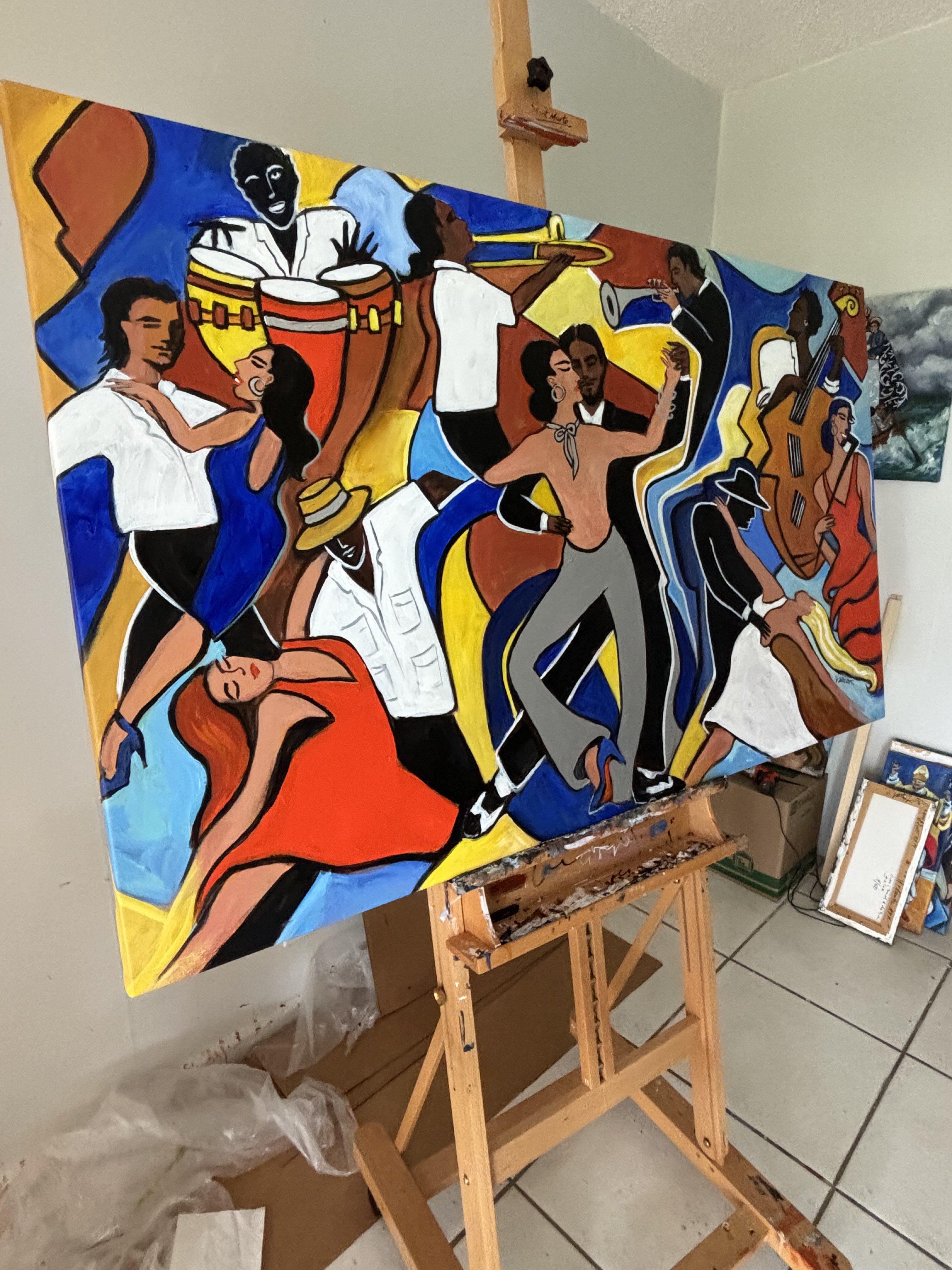 En este cuadro, he captado la vibrante esencia de los ritmos culturales mediante una composición dinámica de colores y formas. La fusión de los estilos cubista y figurativo permite que cada figura baile fuera del lienzo, encarnando el alegre