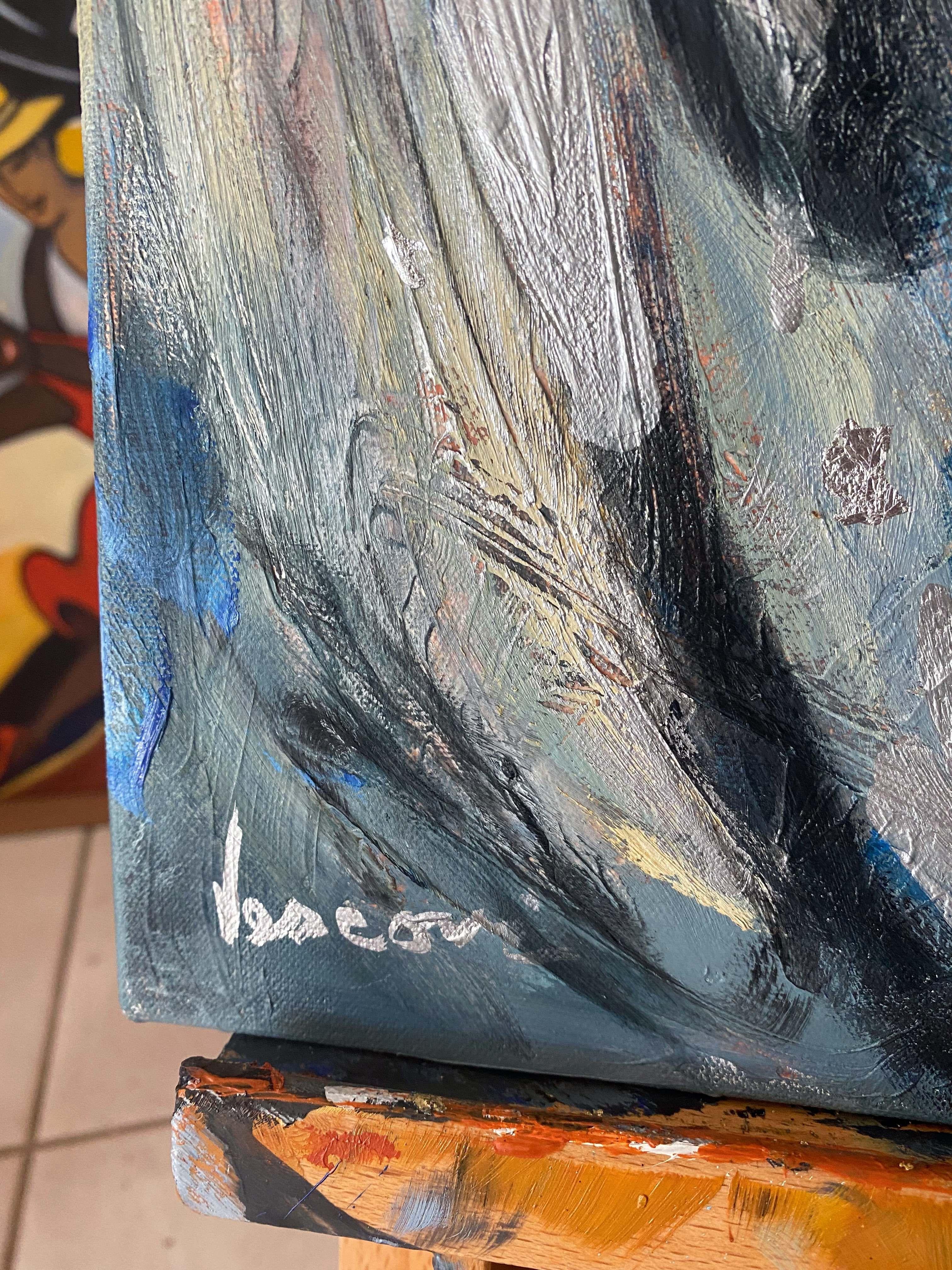 Mi è venuta un'improvvisa voglia di dipingere dei Santi, gli Arcangeli sono i miei preferiti perché sono angeli e santi. Questo è San Michele difensore in battaglia e protettore. Ho pensato che dovesse essere blu notte e in foglia d'argento; ho