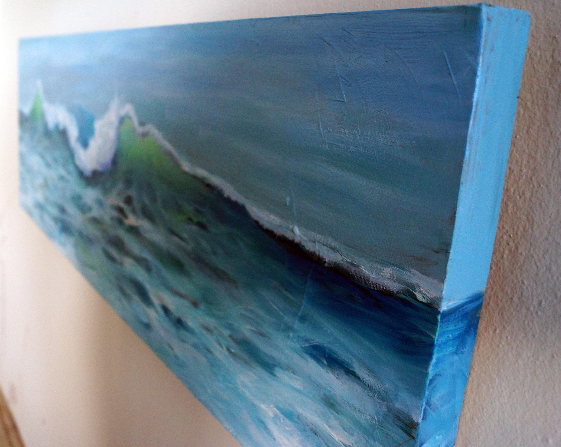 this is the study of a wave, I like to paint a wave in different stages. This is number one in a 2 part study. 12x36x1.5, slightly textured canvas, the edges are a continuation of the painting :: Painting :: Contemporary :: This piece comes with an