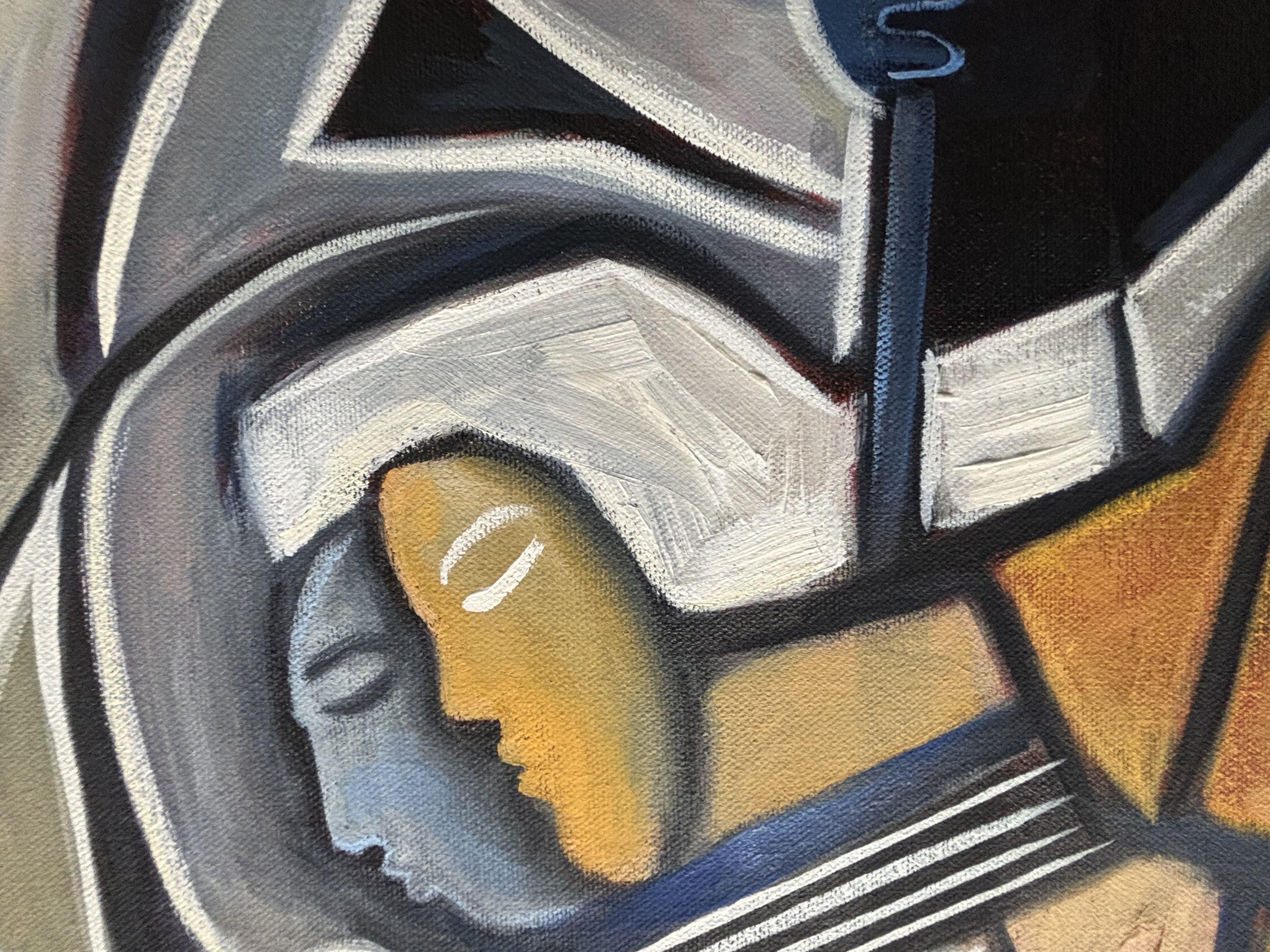 Durchdrungen von meiner Leidenschaft für Musik und Geselligkeit habe ich Öl und Wachs zu diesem kubistischen, figurativen Werk vereint, das eine Ode an Harmonie und Kreativität darstellt. Eckige Formen und ineinander verschlungene Gestalten zeigen