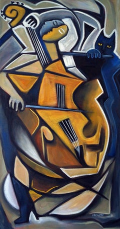 Un Chat Bleu Joue de la FlÃ»te, Painting, Oil on Canvas