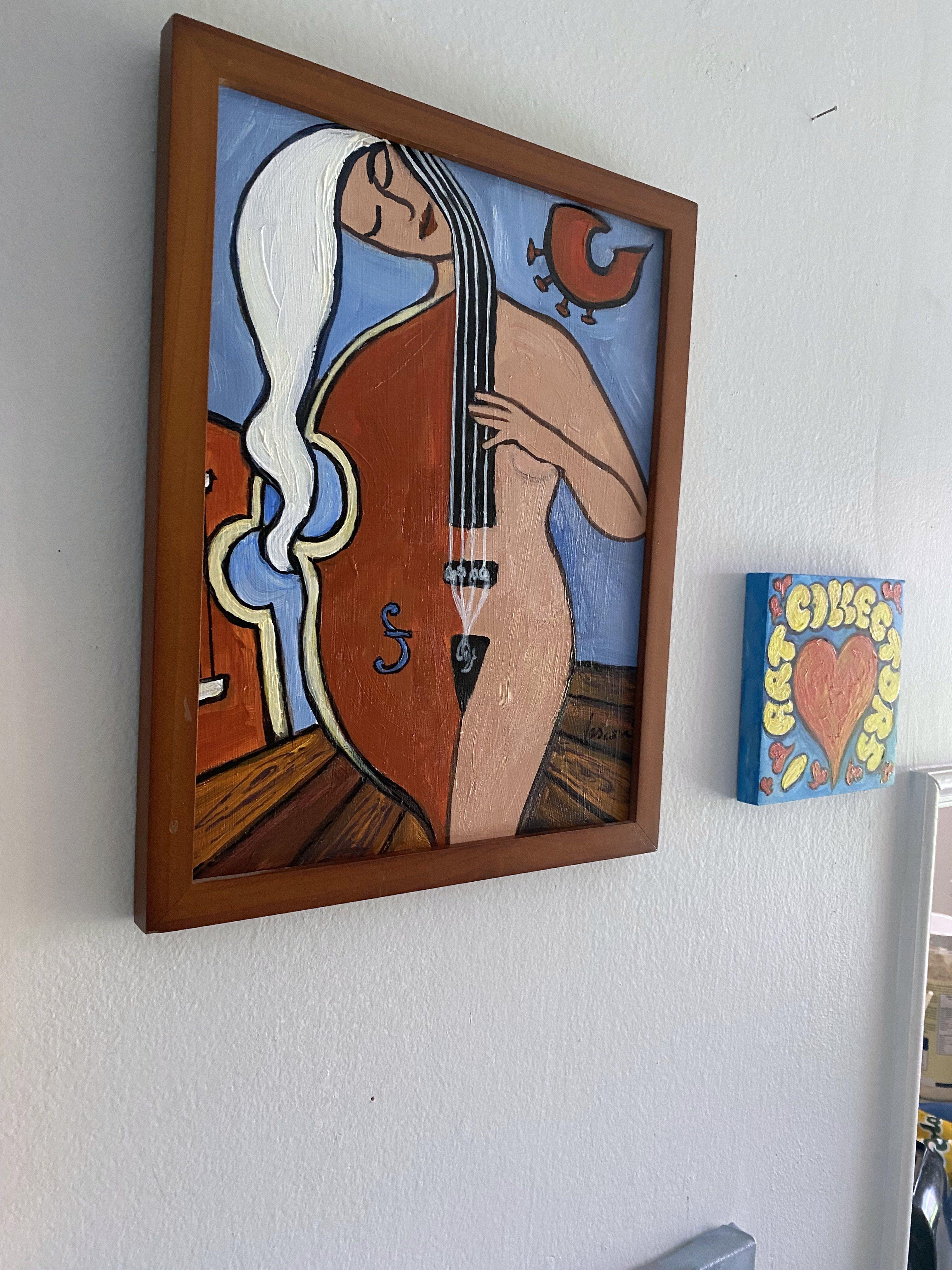 Ich hatte ein paar Rahmen und beschloss, Bilder für sie zu malen. Dies ist ein Cello/Frau aus meiner Cellisten-Serie, die im Jahr 2000 entstand. Ich werde nicht müde, sie zu malen, sie sind so friedlich und haben eine innere Gelassenheit, die ich