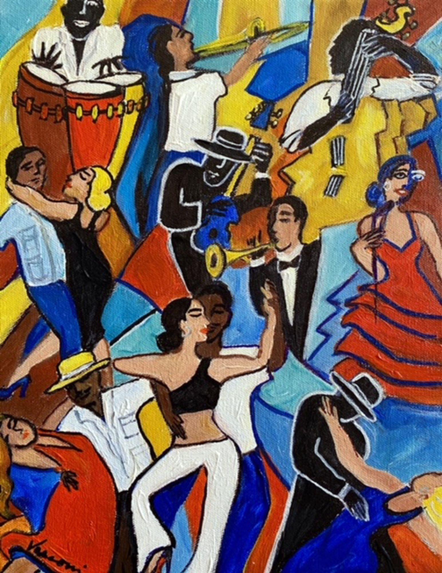 This is a small acrylic painting after one of my large original paintings which sold several years ago. Its so lively and bright, perfect for that wall that needs a little splash of color. From my Salsa dancers series which I love, love, love to