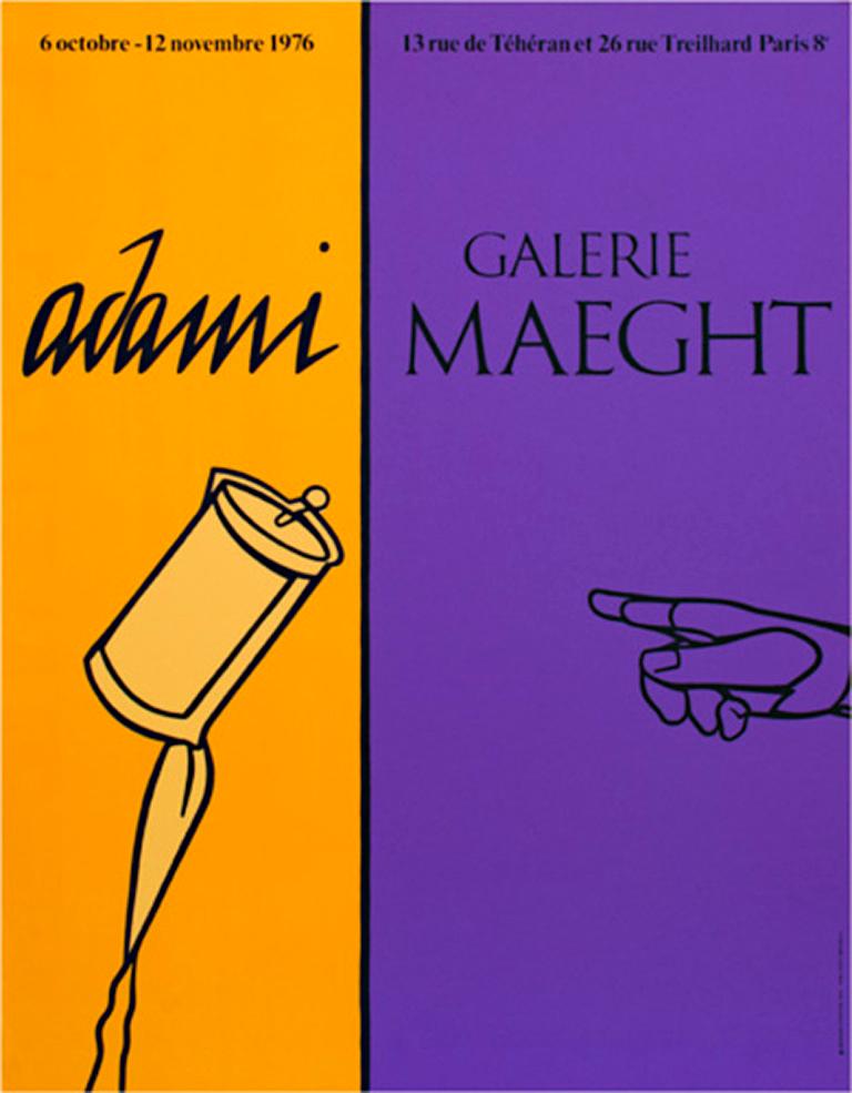 "Galerie Maeght" is an Original Lithograph Poster bu Valerio Adami. This poster was created to advertise Adami's show at the Galerie Maeght in 1976. The print is orange on the left side, there is a spool of thread unraveling from its position in the