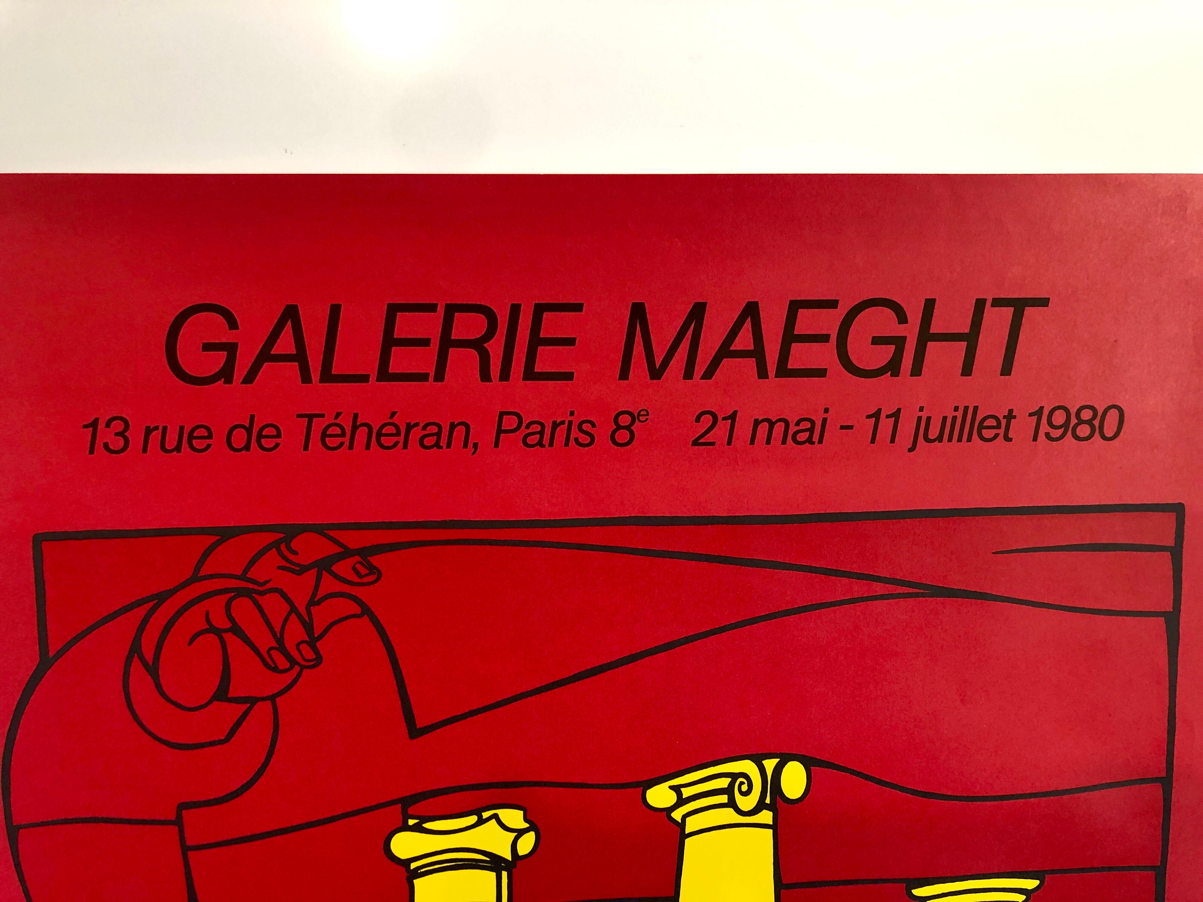 Affiche d'exposition d'une galerie vintage. Rouge vif et jaune éclatant. 
La Gallery Maeght est une galerie d'art moderne située à Paris, en France, et à Barcelone, en Catalogne, en Espagne. La galerie a été fondée en 1936 à Cannes. La galerie