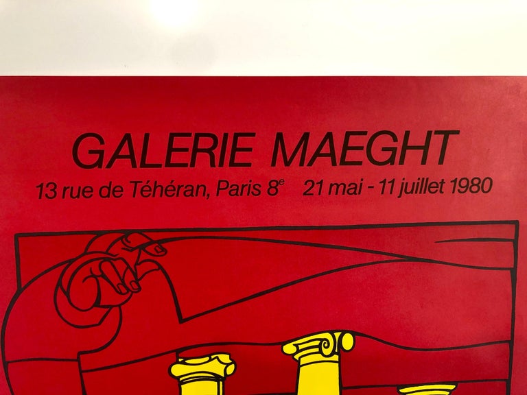 Vintage gallery exhibition poster. Bright vivid red and bold yellow. 
The Galerie Maeght is a gallery of modern art in Paris, France, and Barcelona, Catalonia, Spain. The gallery was founded in 1936 in Cannes. The Paris gallery was started in 1946