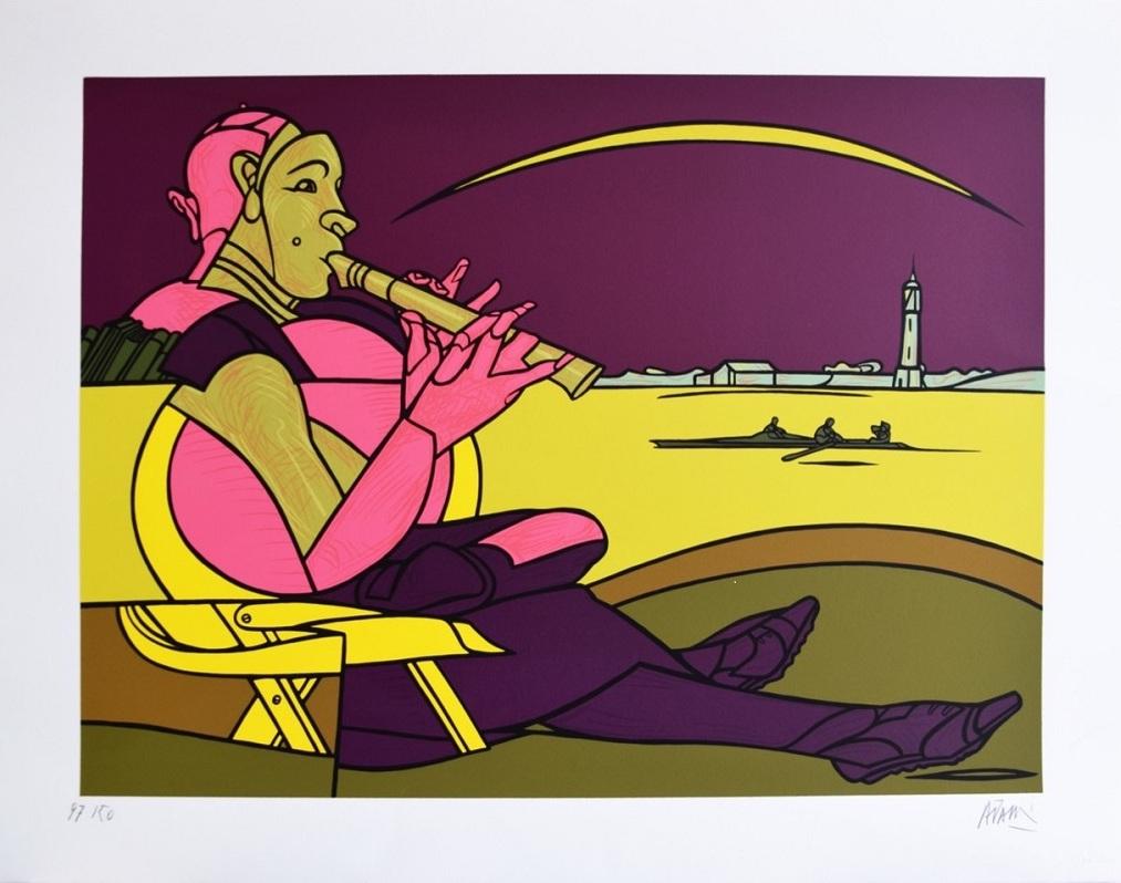The Flageolet is an original artwork realized by Valerio Adami during the 1990s.

Serigraph. Hand-signed "Adami" and numbered on the lower margin. Edition 97 of 150 prints. 

Dimensions: cm 70 x 90. In very good conditions.

The serigraph shows a