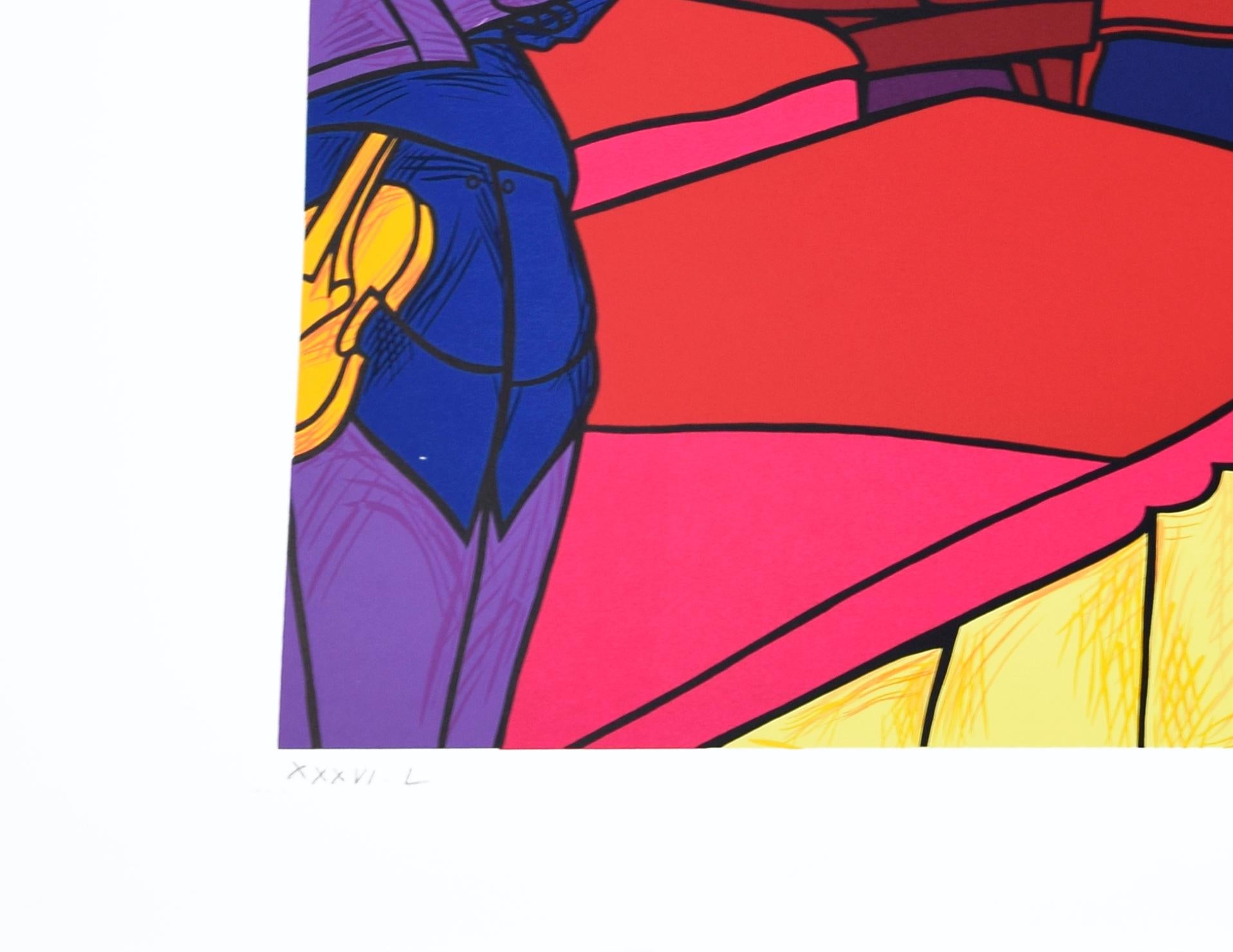 The Room is a colorful artwork realized by Valerio Adami in 1996.

Serigraph on paper. Hand-signed and numbered on the lower margin. Edition IX of L prints.

Dimensions: cm 70 x 90. In very good conditions. 

Original serigraph representing a