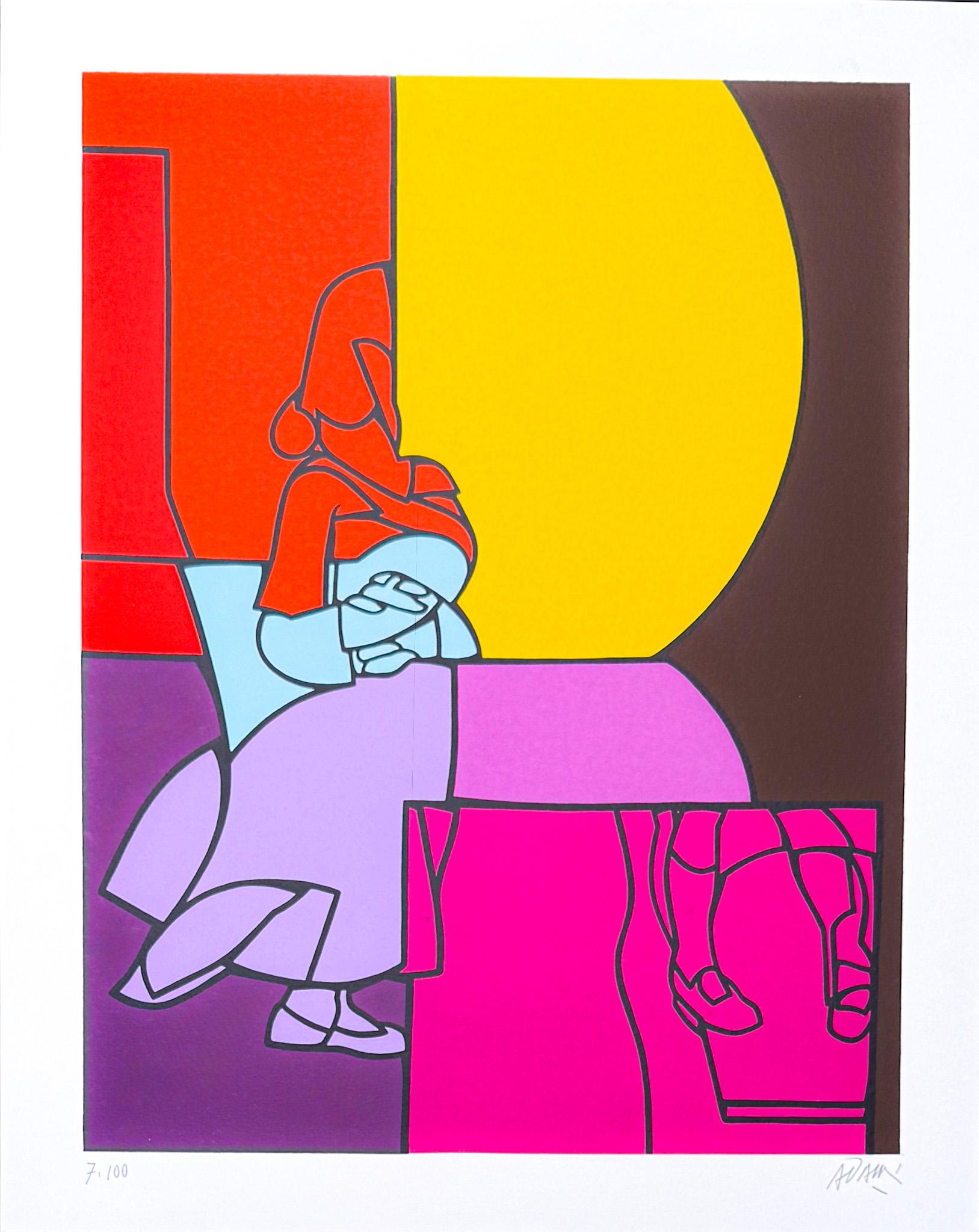 Silkscreen printing on paper, edited in 1978.
Limited edition of 100 copies, numbered as 71/100 in lower left corner.
Hand signed by artist in pencil in the lower right corner.

Paper size: 76 x 60 cm
Plate size: 65 x 50 cm
in very good conditions