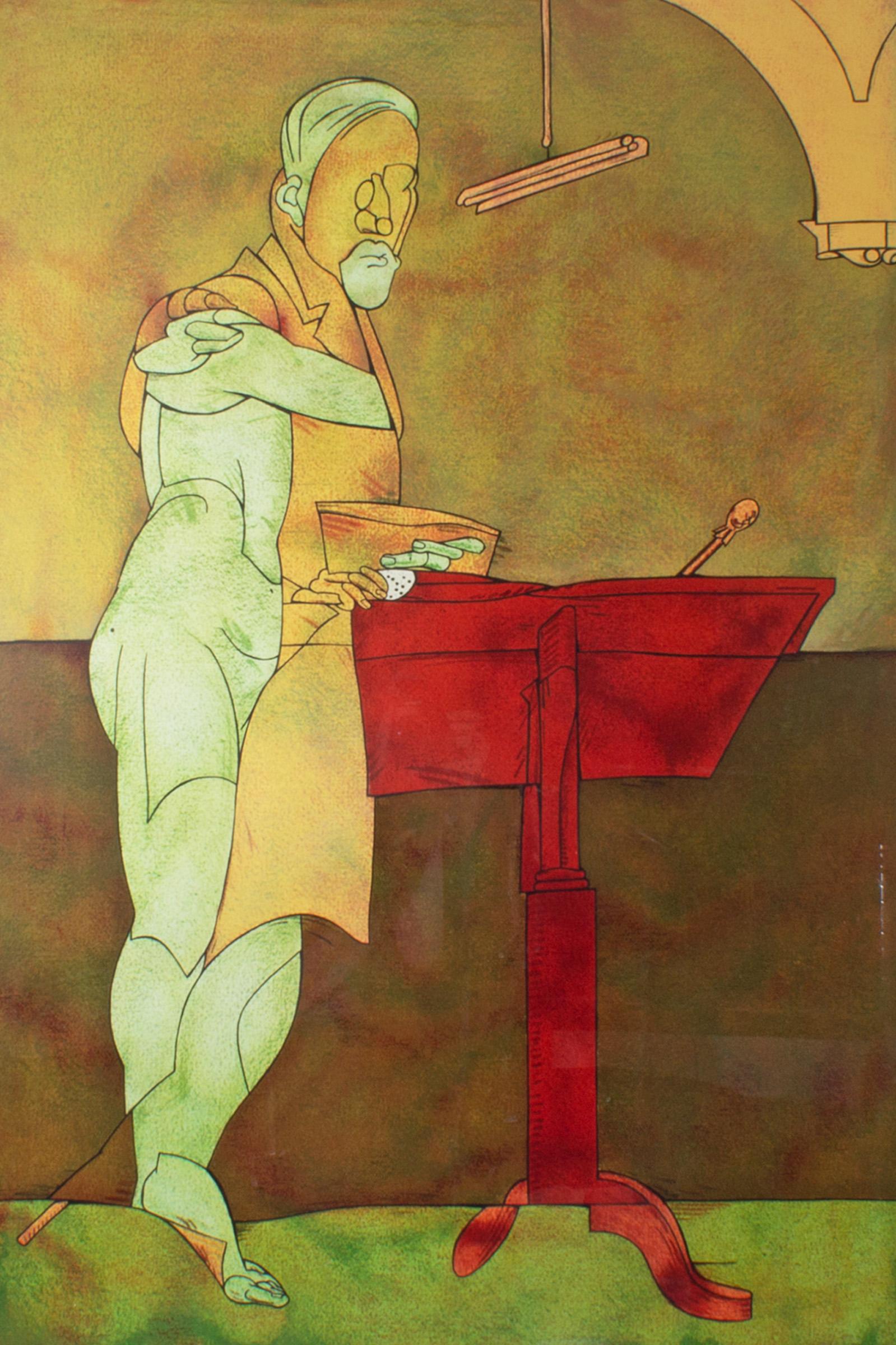 A limited edition abstract lithograph by Pop Art Italian artist Valerio Adami (born 1935). Titled Mon Atelier (My Studio), this work depicts an artist in his studio. A light hangs over a figure who stands at a desk in this abstract work. The color