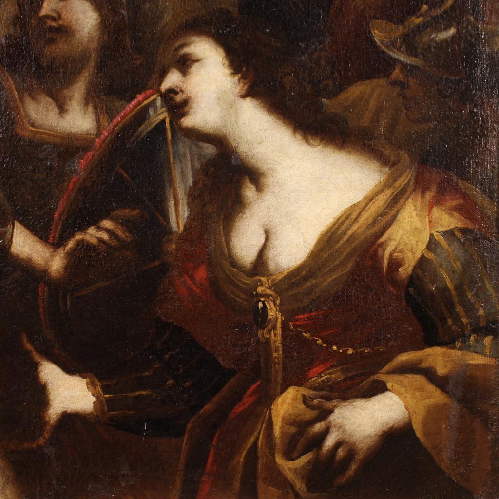 A magnificent 17th-century Italian painting. This artwork oil on canvas depicts a famous episode from the Iliad, the dispute between Agamemnon and Achilles over Briseis. During the Trojan War, the god Apollo had unleashed a plague among the Achaeans