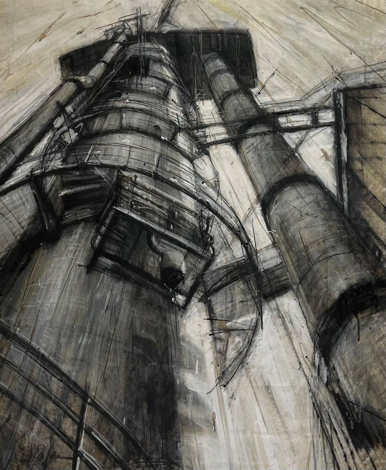 Valerio D'Ospina Landscape Painting – "Ölraffinerie" (2010) Original-Illustration mit Kohle, Pigment und Harz