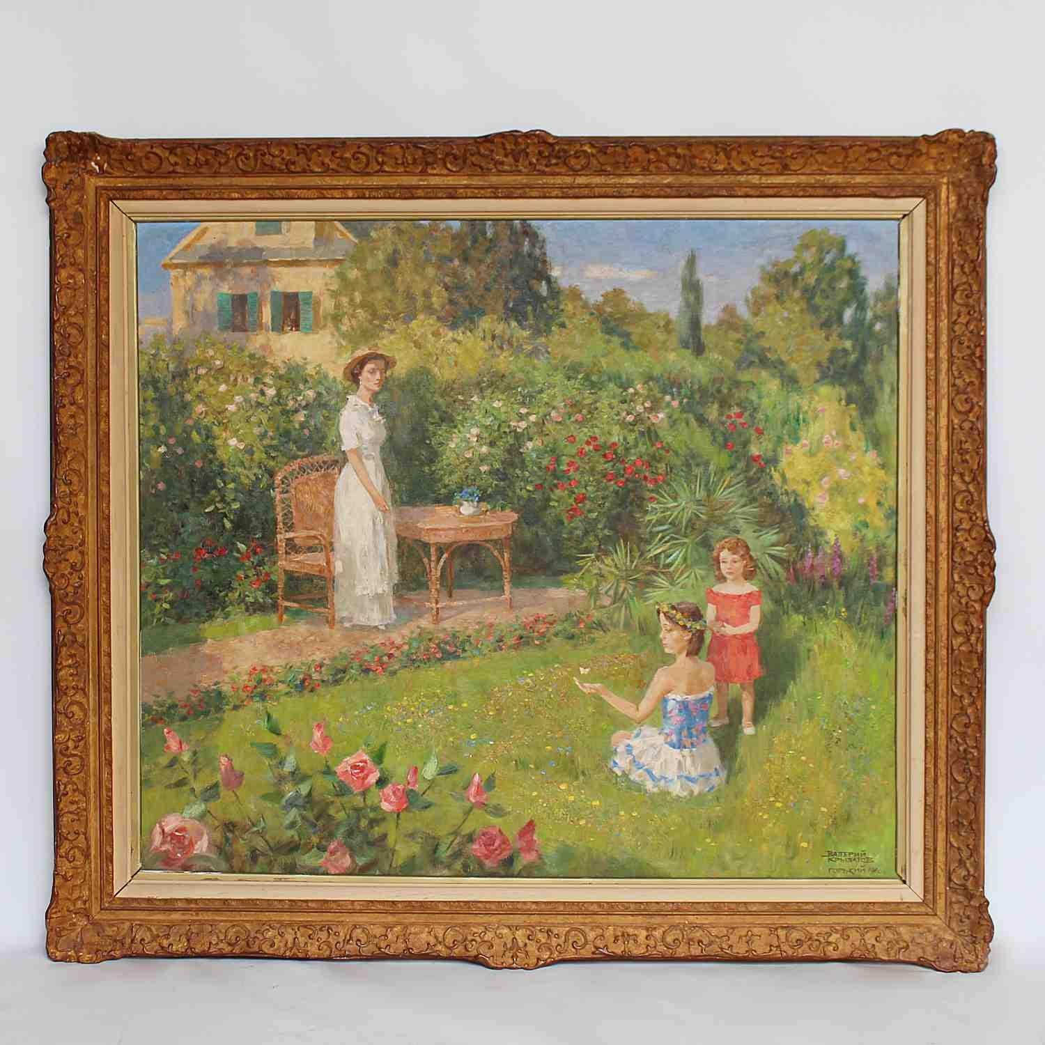 An oil on canvas garden scene, depicting a mother in a full length white dress, watching over her two children playing with a butterfly, enjoying the garden, surrounded by roses. Signed: ??????? ???????? ??????? 1960 (Valeriy Krilatov Gorkiy) to