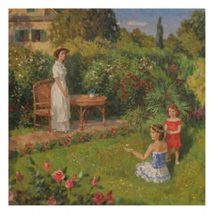 Valeriy Krilatov Oil on Canvas Garden Scene Original Frame, Russia, circa 1960