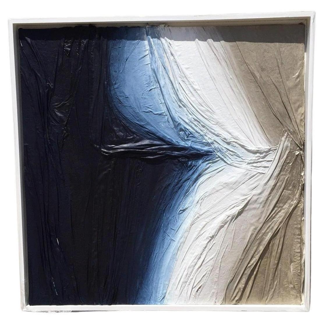 Contemporary Valerj Pobega Sculptural Painting Fabric on Wood Blue Bronze White For Sale